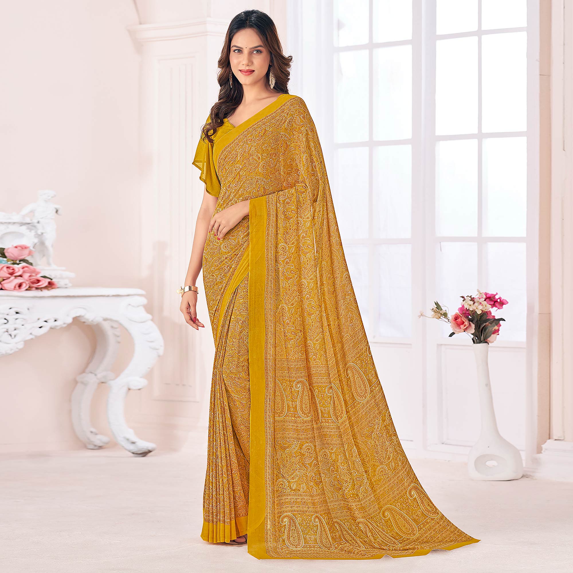 Mustard Printed Georgette Saree