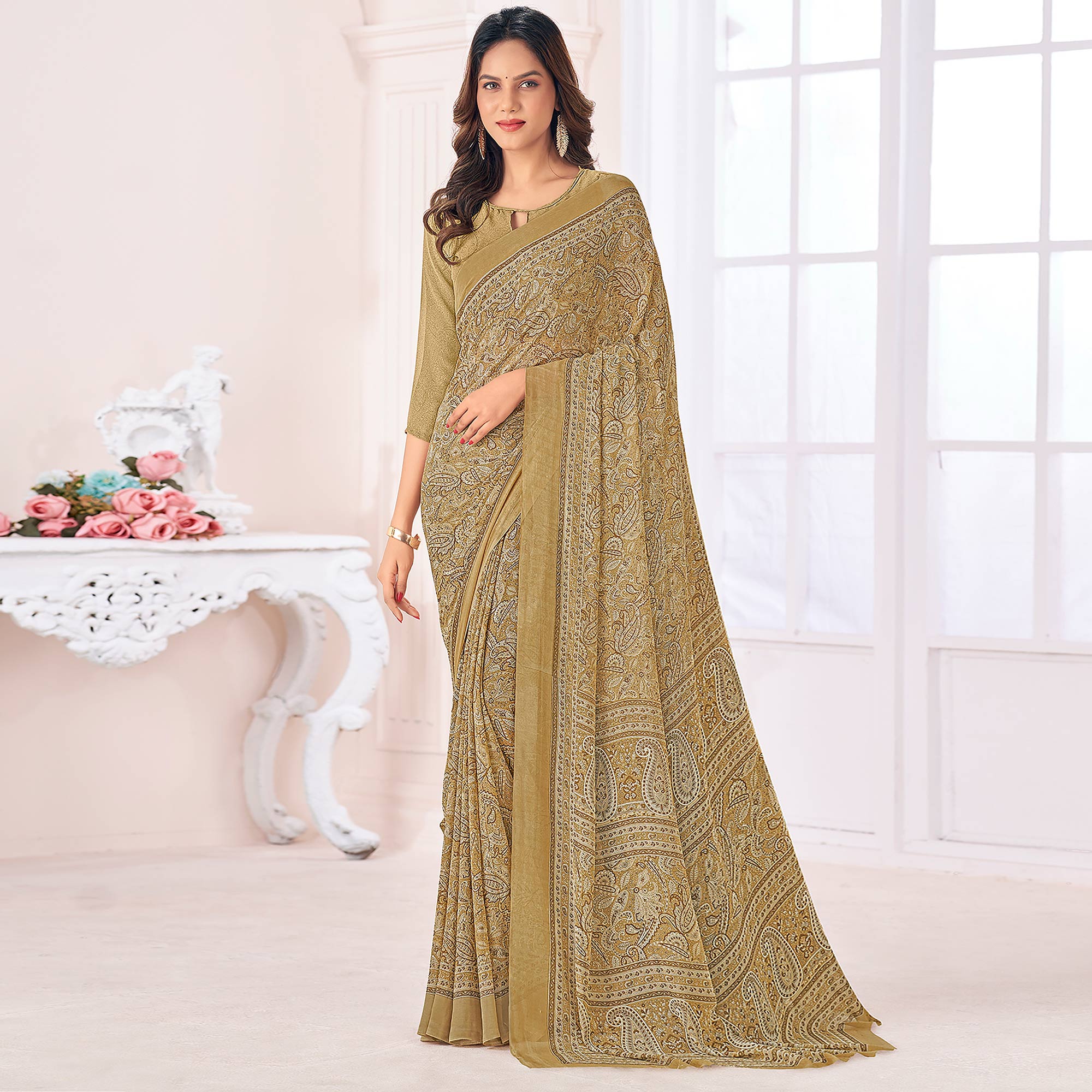 Olive Printed Georgette Saree