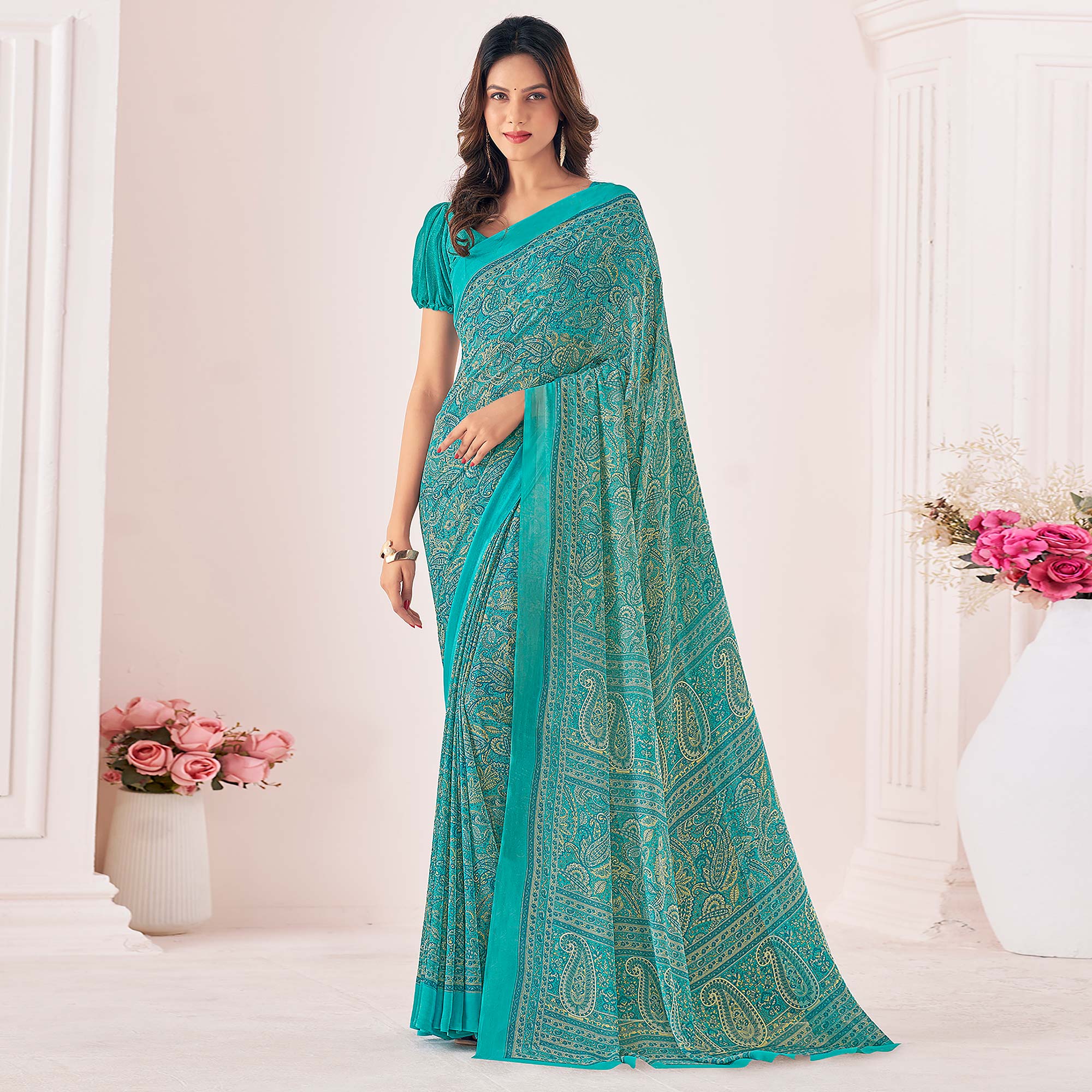 Rama Blue Printed Georgette Saree
