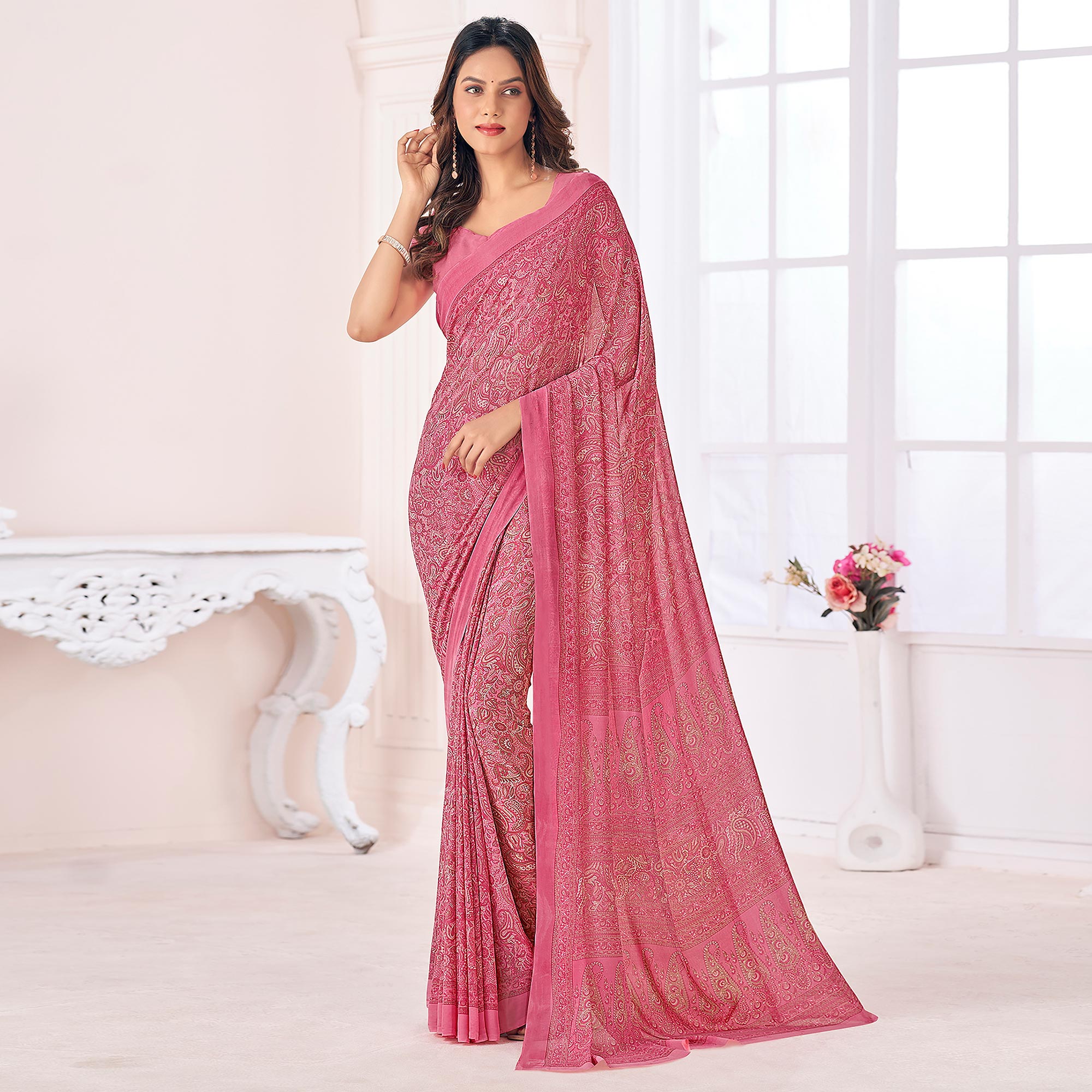 Pink Printed Georgette Saree