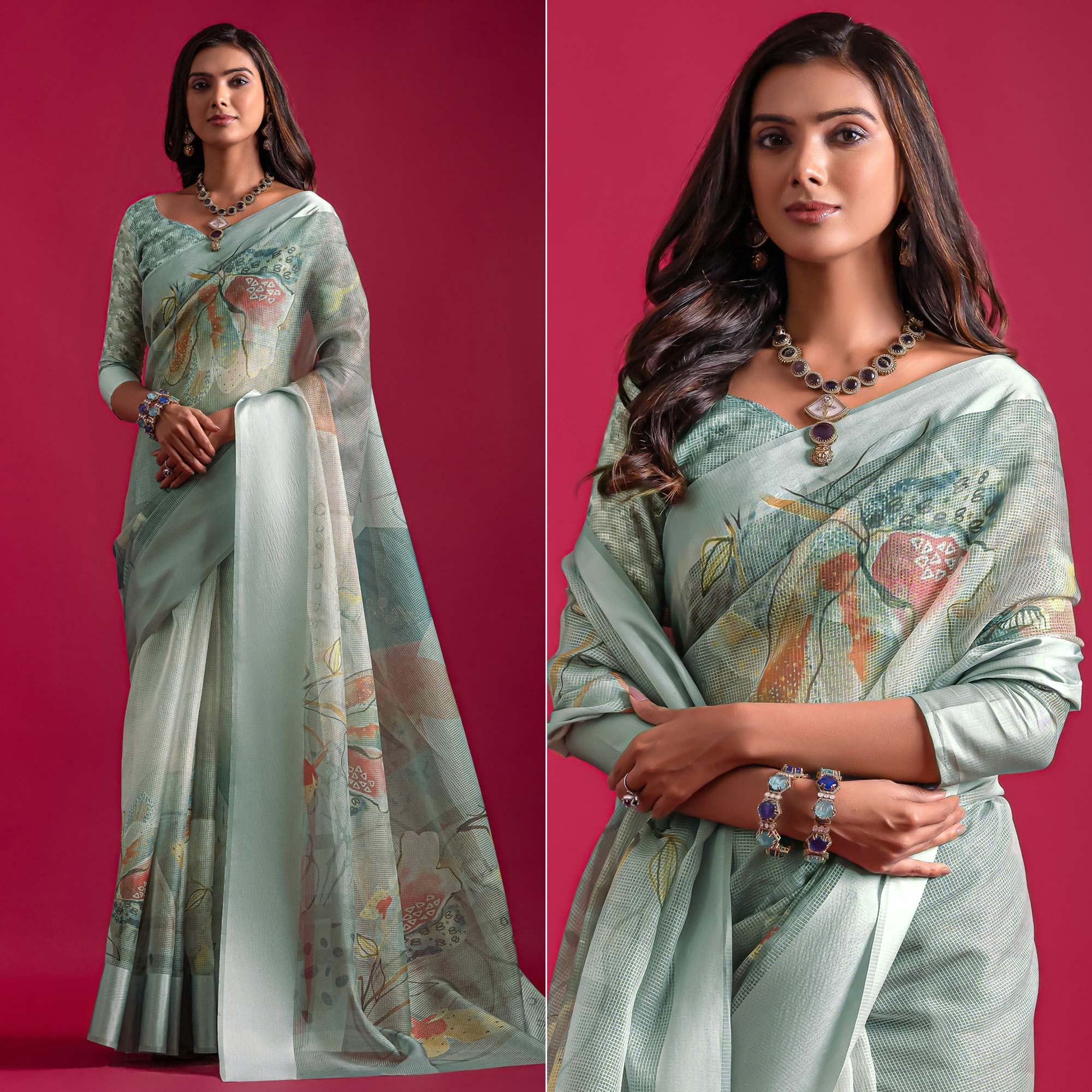 Grey Floral Digital Printed Linen Saree With Woven Border