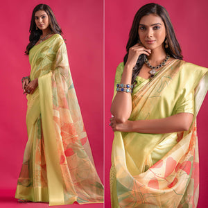 Yellow Floral Digital Printed Linen Saree With Woven Border