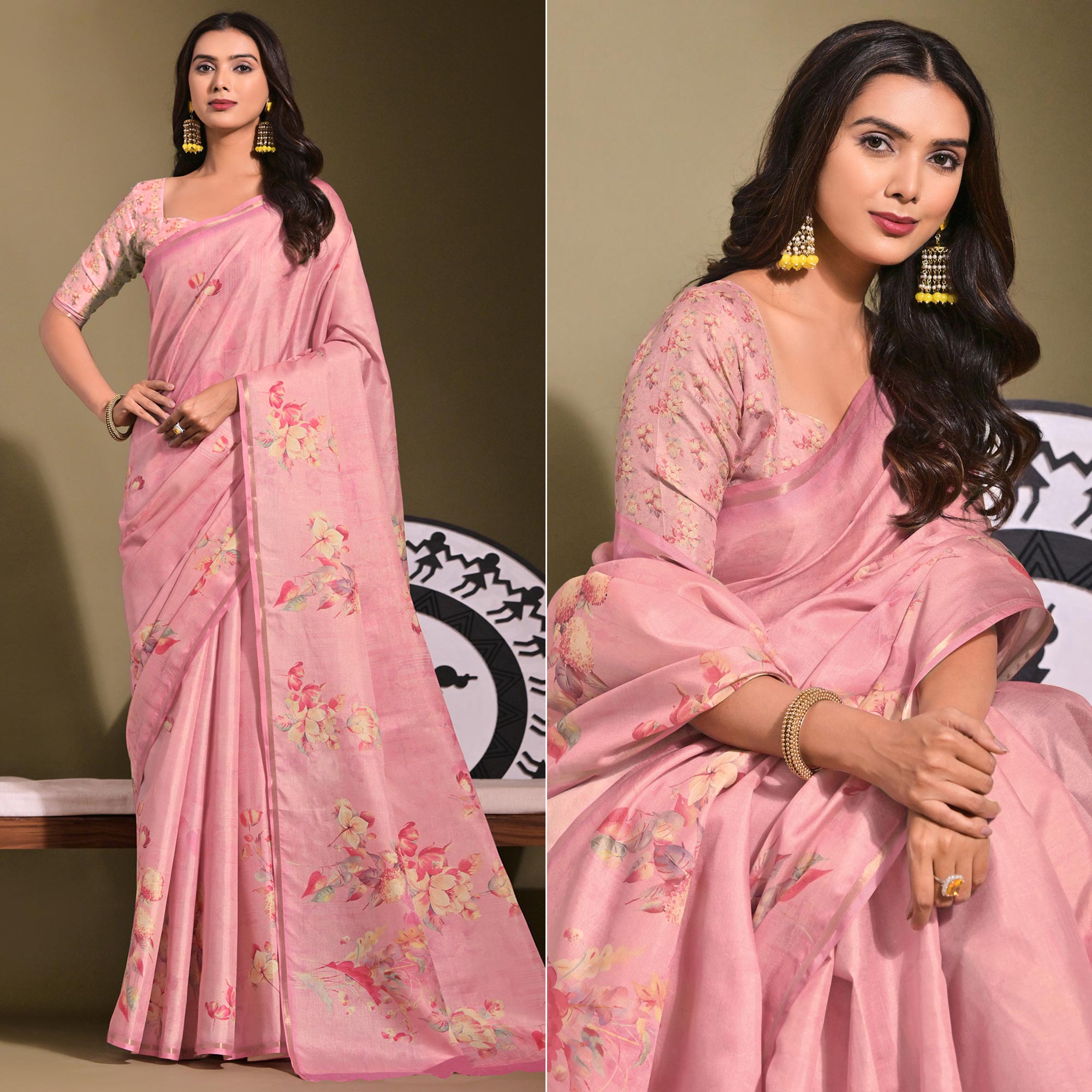 Pink Floral Digital Printed Tussar Silk Saree