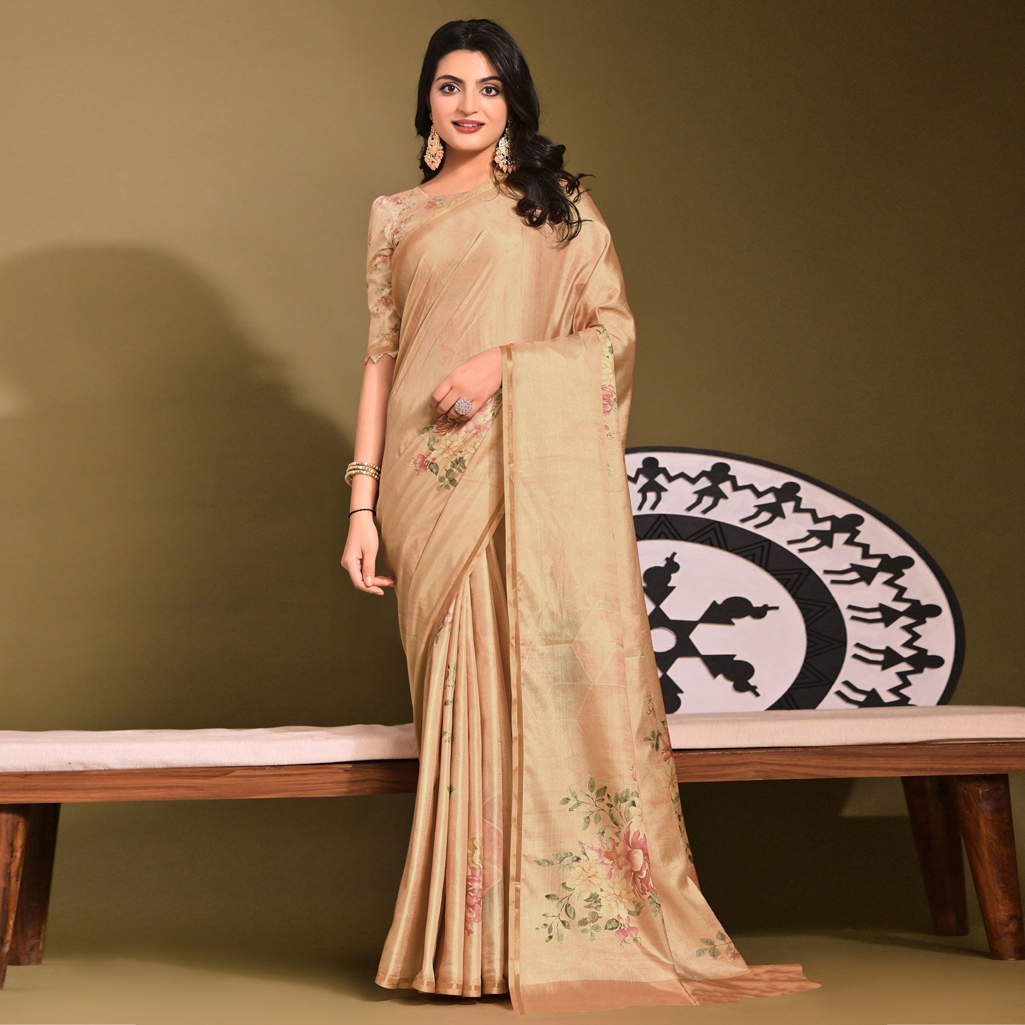 Orange Floral Digital Printed Tussar Silk Saree