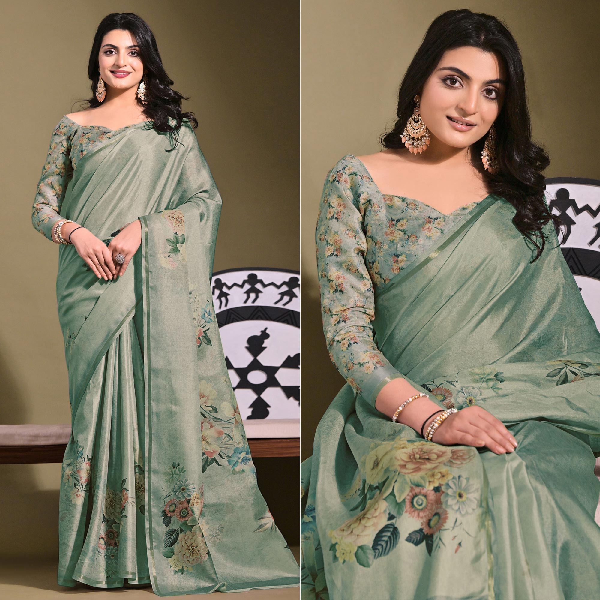 Grey Floral Digital Printed Tussar Silk Saree