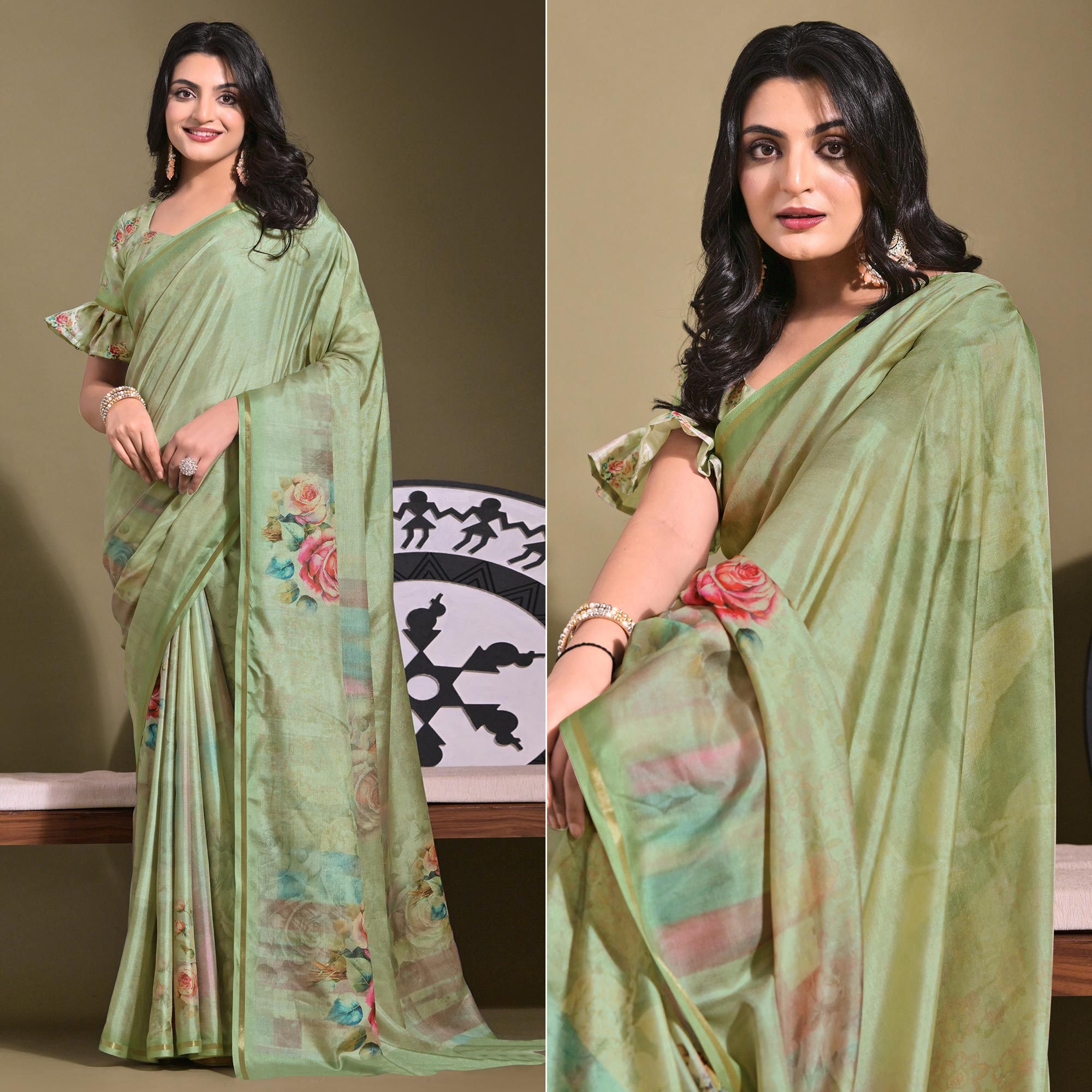 Green Floral Digital Printed Tussar Silk Saree