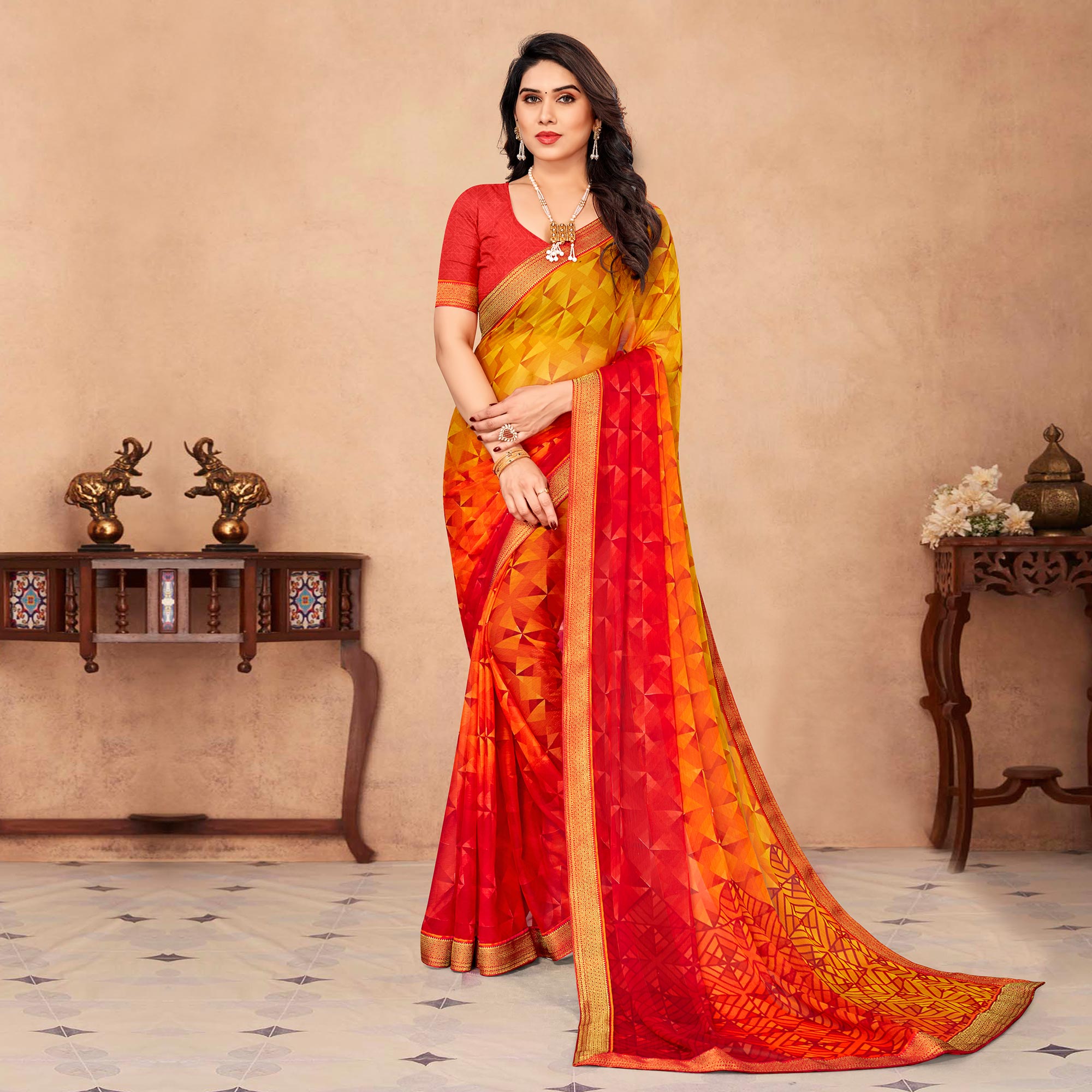 Red & Orange Geometric Printed Chiffon Saree