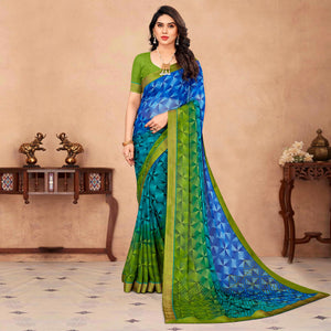 Blue & Green Geometric Printed Chiffon Saree