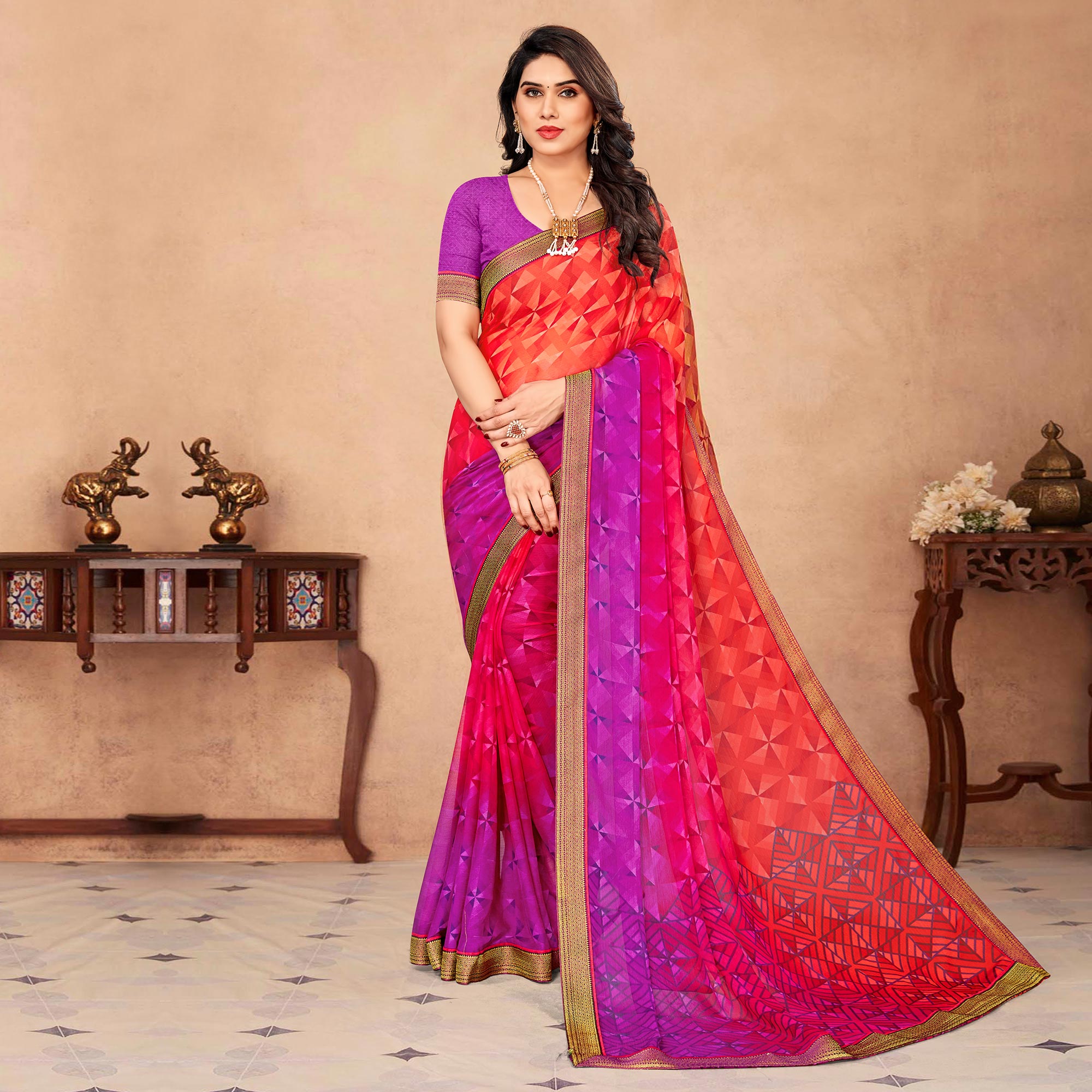 Red & Purple Geometric Printed Chiffon Saree