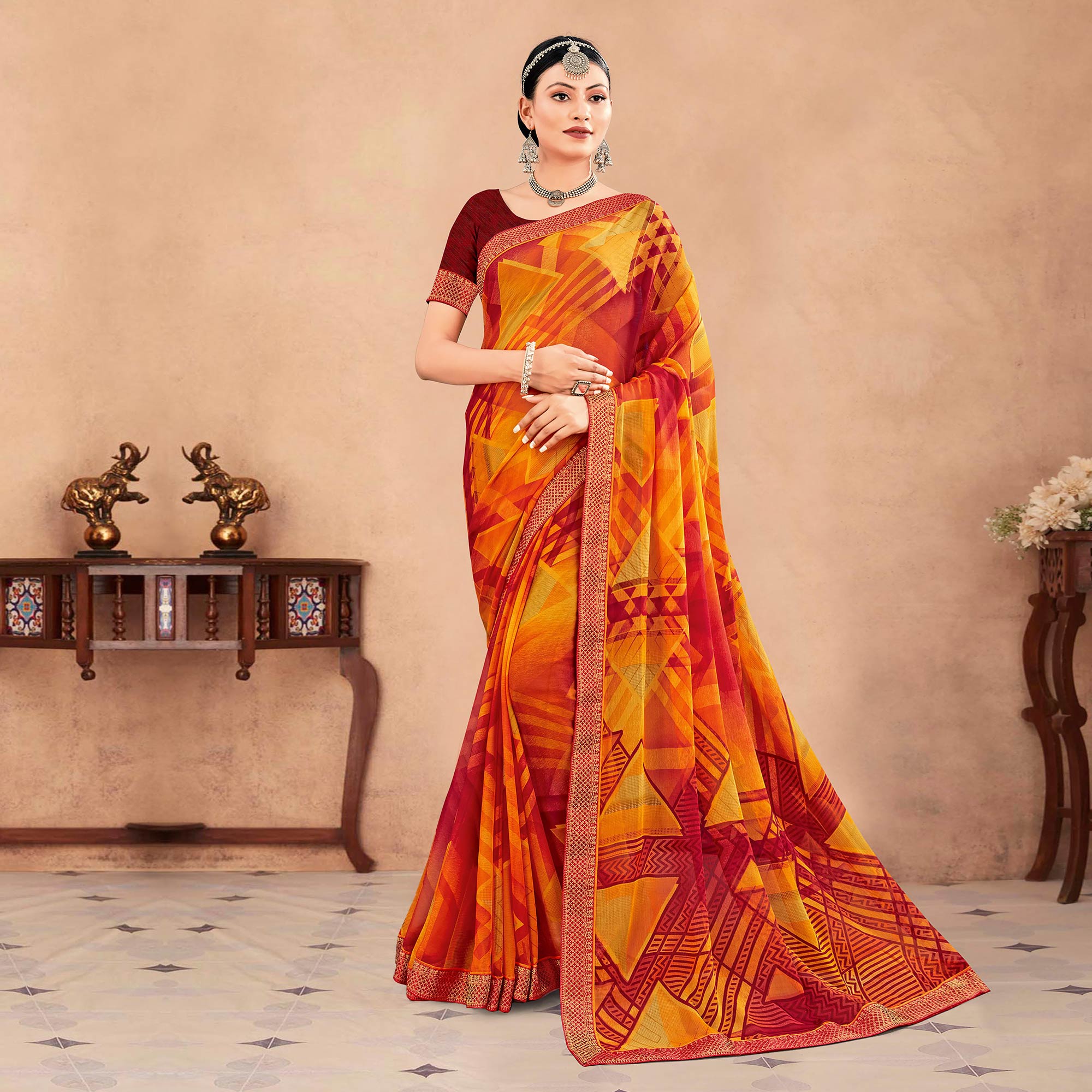 Yellow & Maroon Geometric Printed Chiffon Saree