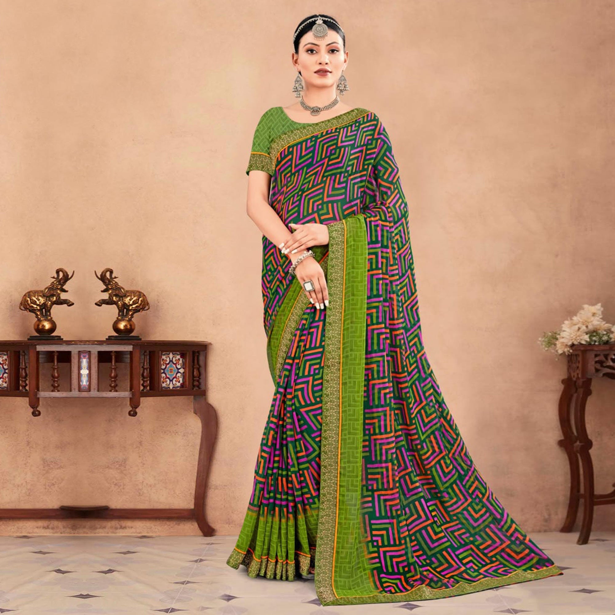 Green Geometric Printed Chiffon Saree