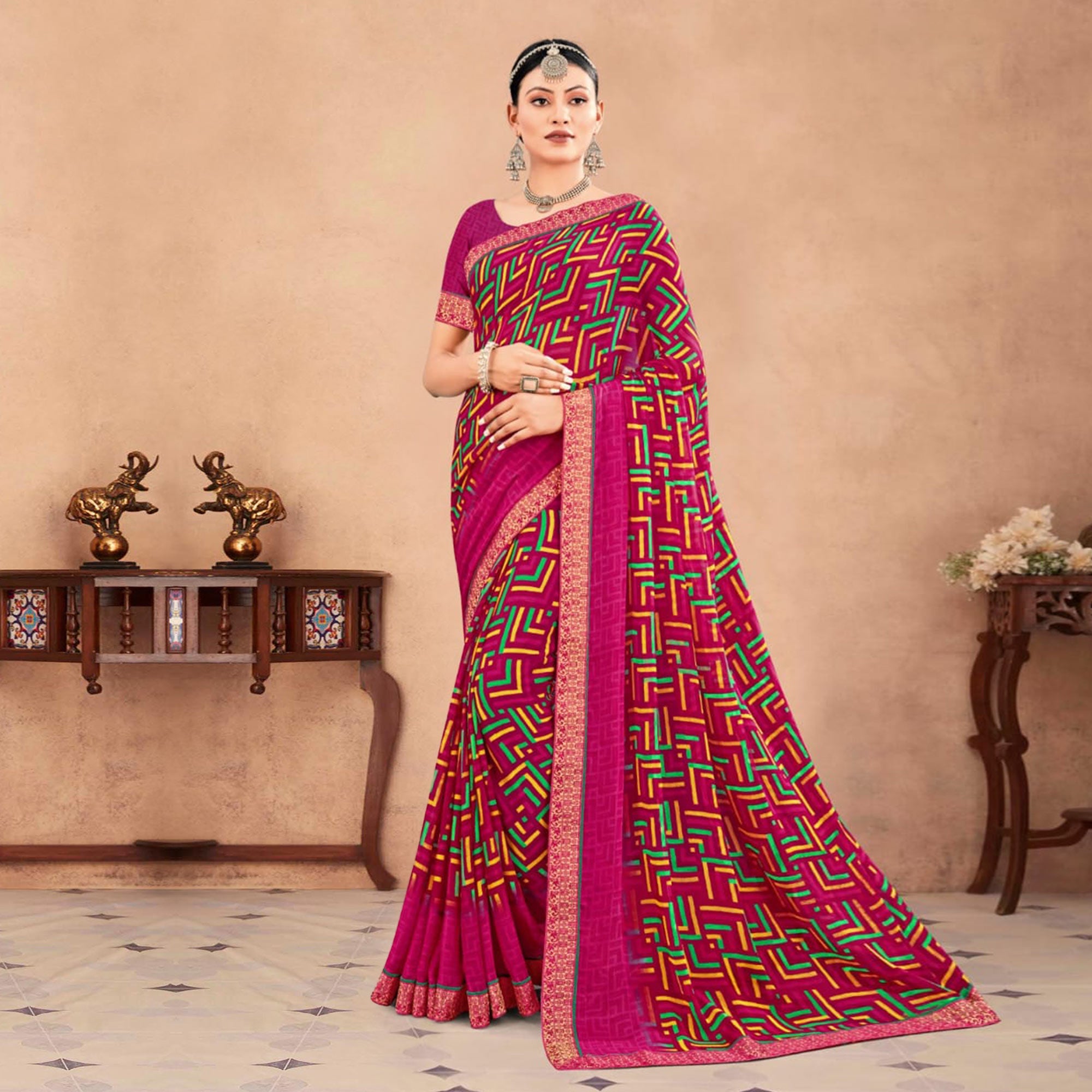 Rani Pink Geometric Printed Chiffon Saree