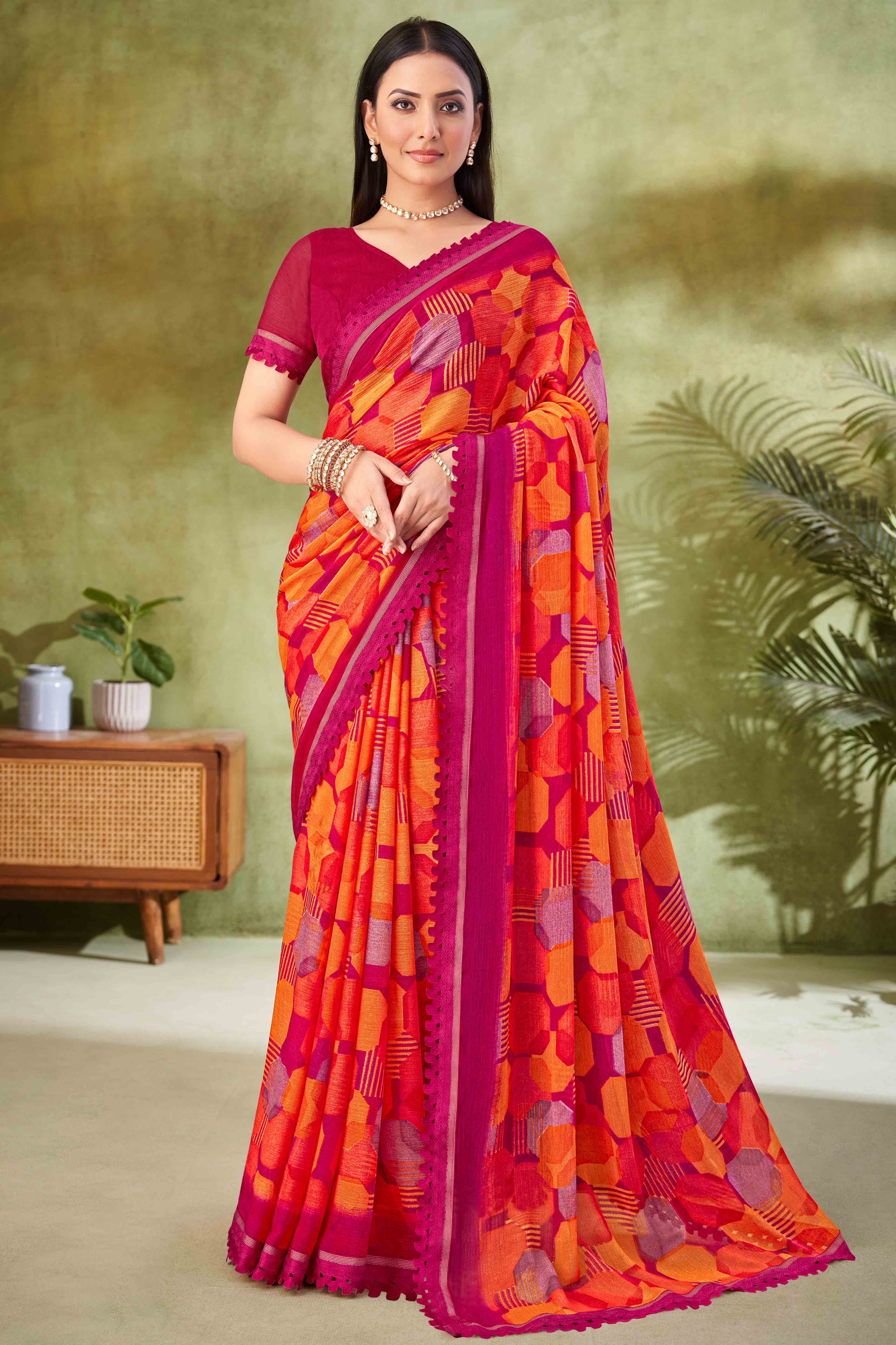 Magenta Digital Printed Chiffon Saree Accented With Elegant Lace Border