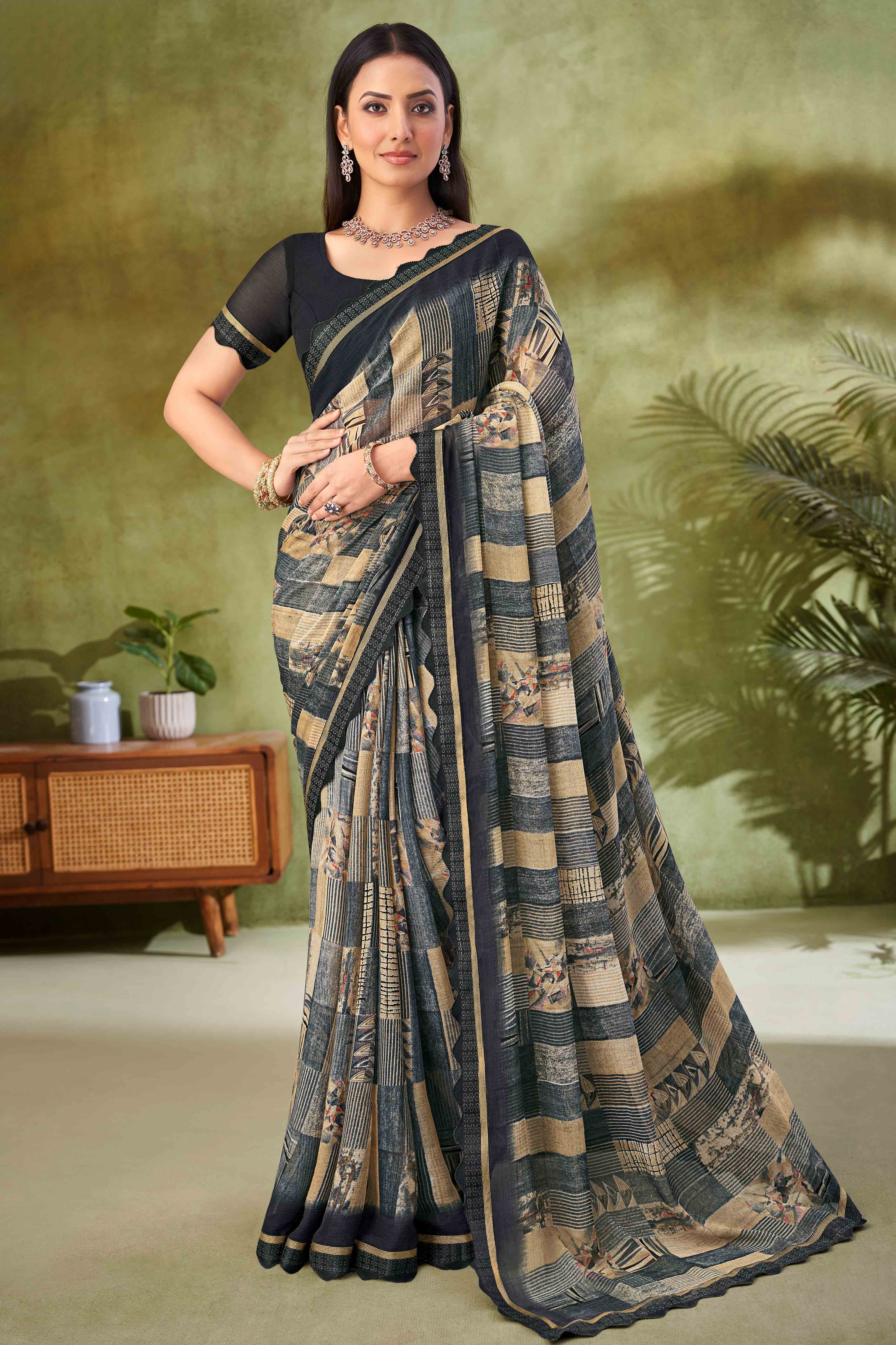 Black Digital Printed Chiffon Saree Accented With Elegant Lace Border