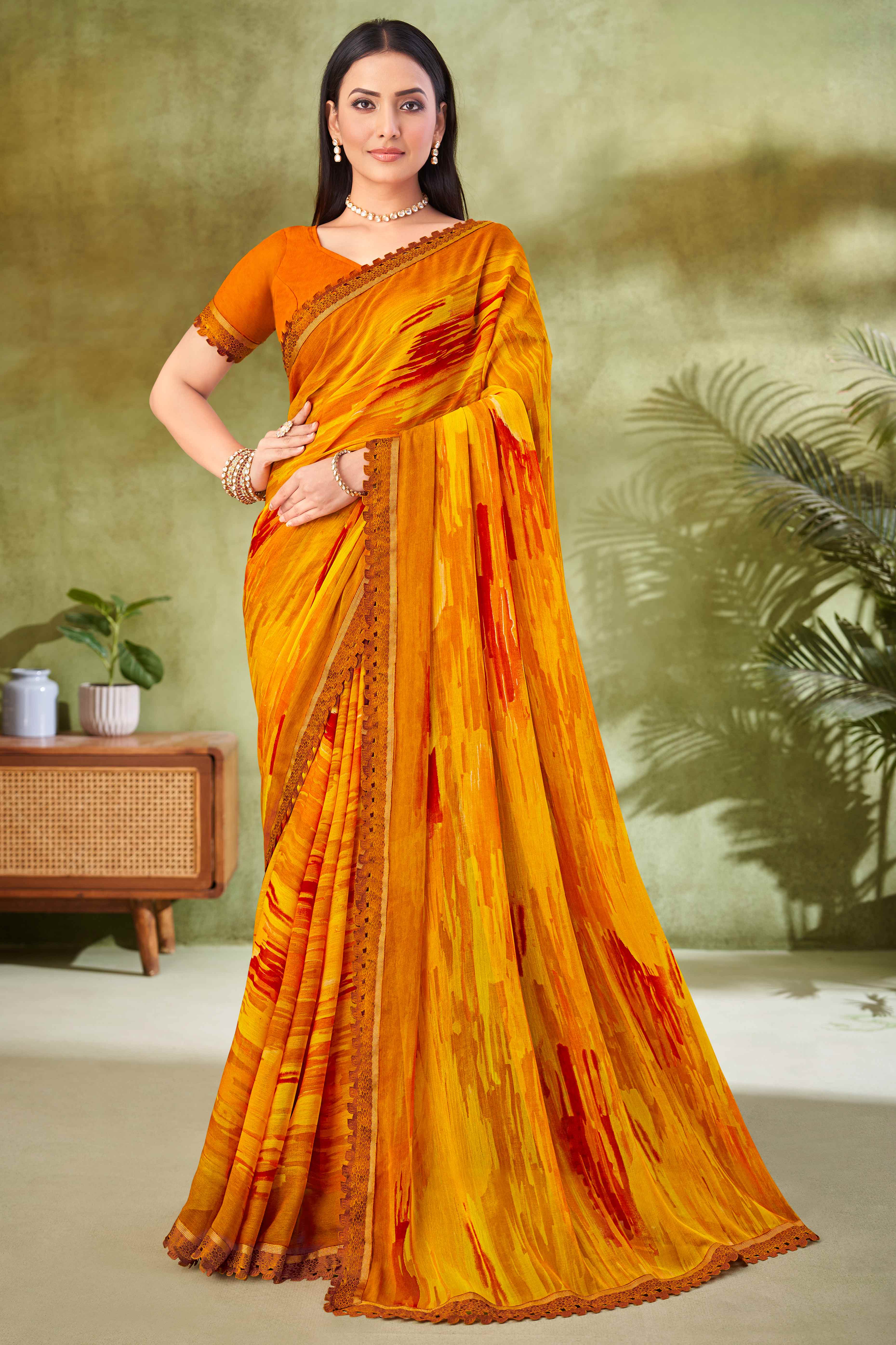 Mustard Digital Printed Chiffon Saree Accented With Elegant Lace Border