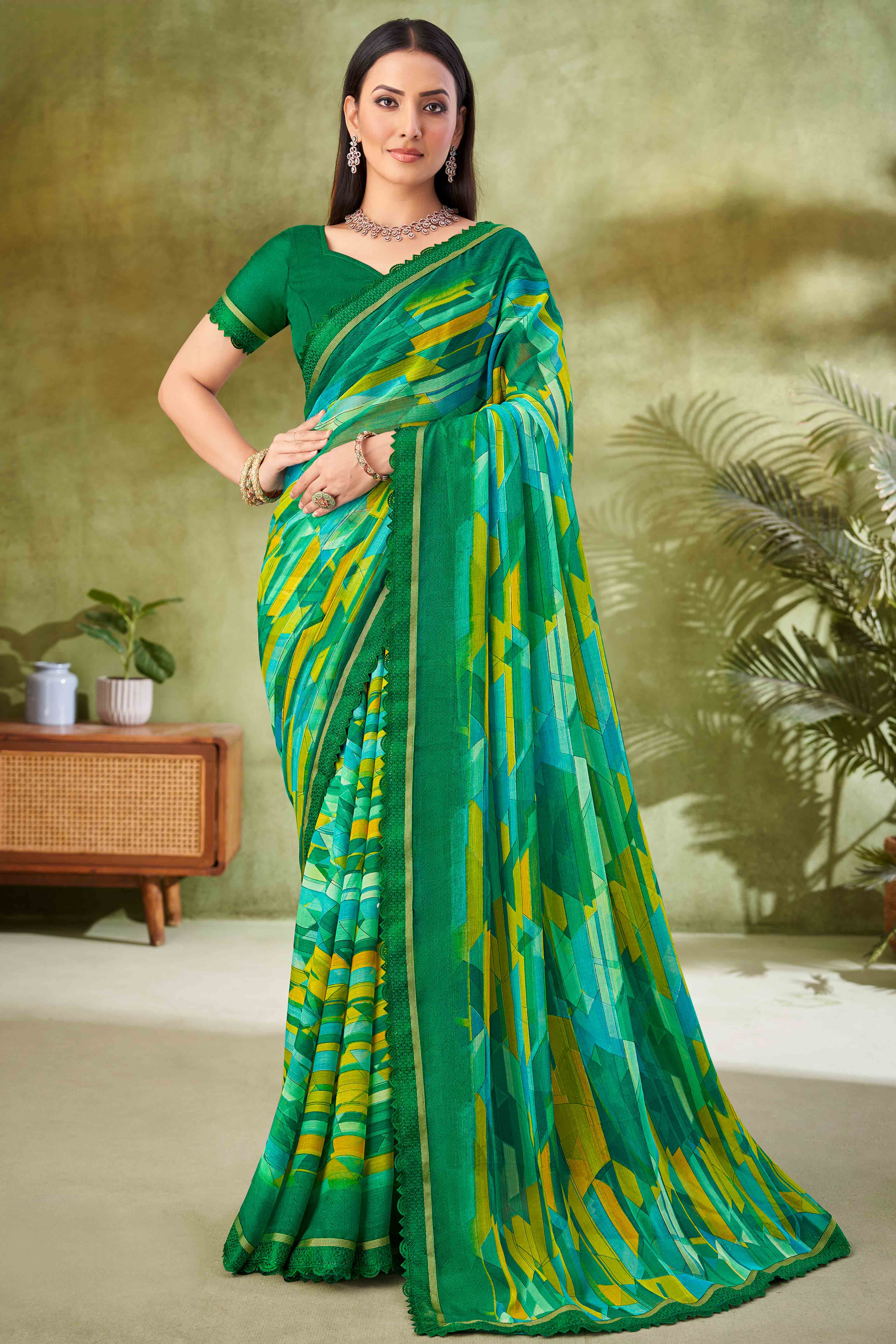 Green Digital Printed Chiffon Saree Accented With Elegant Lace Border