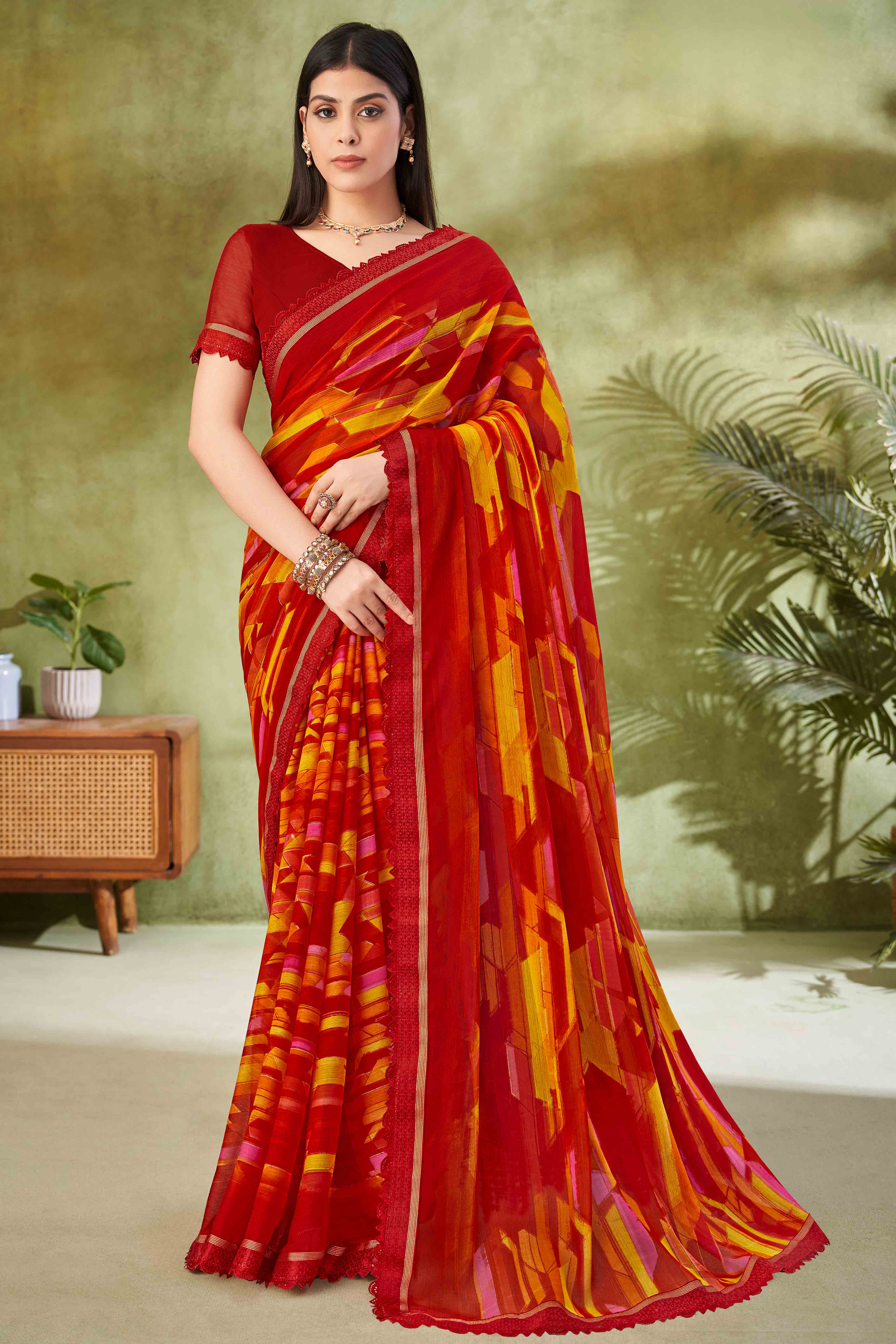 Maroon Digital Printed Chiffon Saree Accented With Elegant Lace Border