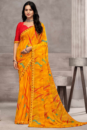 Majestic Mustard Chiffon Saree Featuring Digital Print & Graceful Lace Border