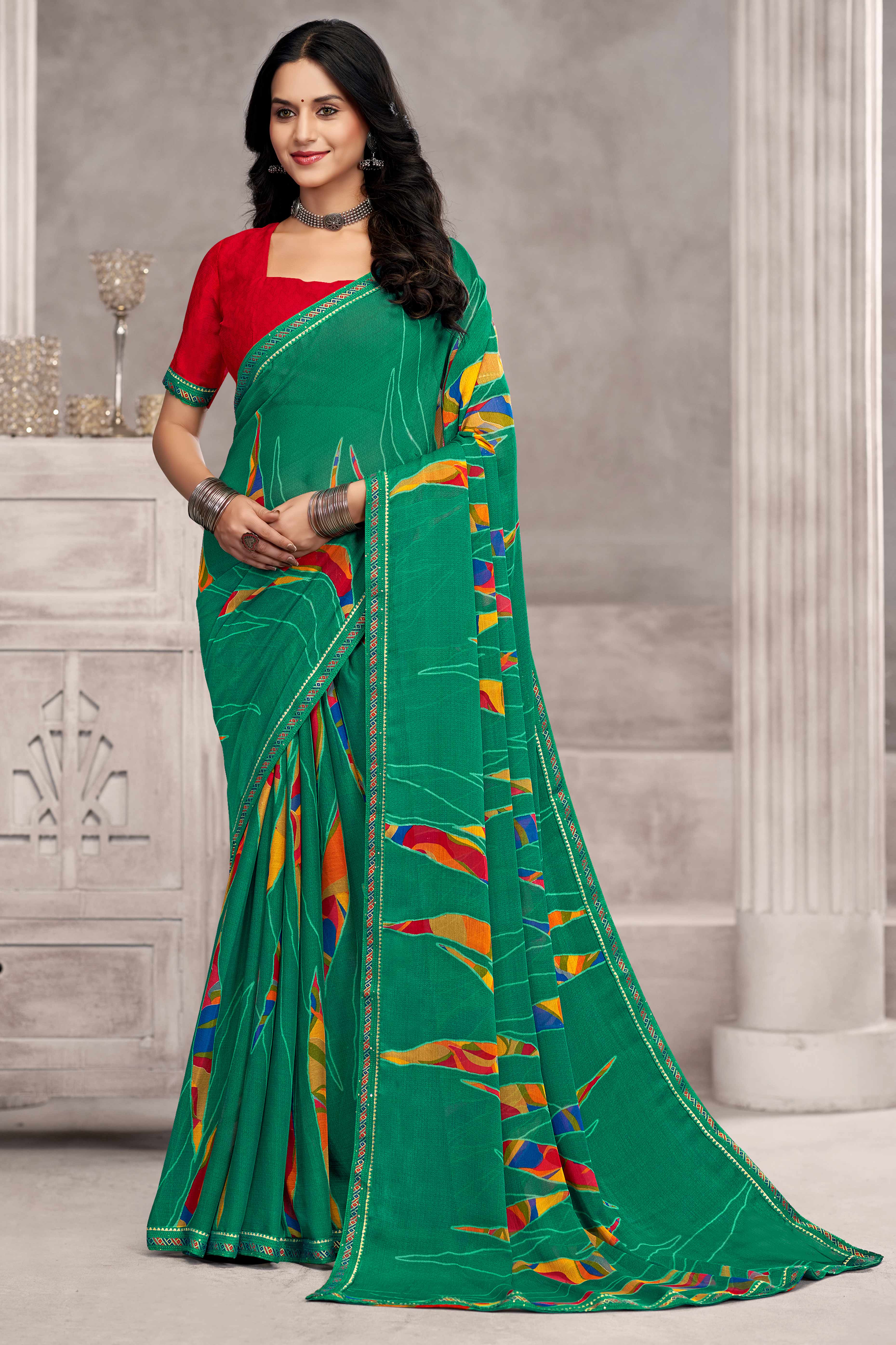 Elegant Green Chiffon Saree Featuring Digital Print & Graceful Lace Border