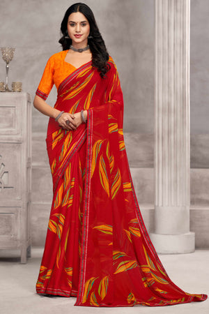 Majestic Red Chiffon Saree Featuring Digital Print & Graceful Lace Border