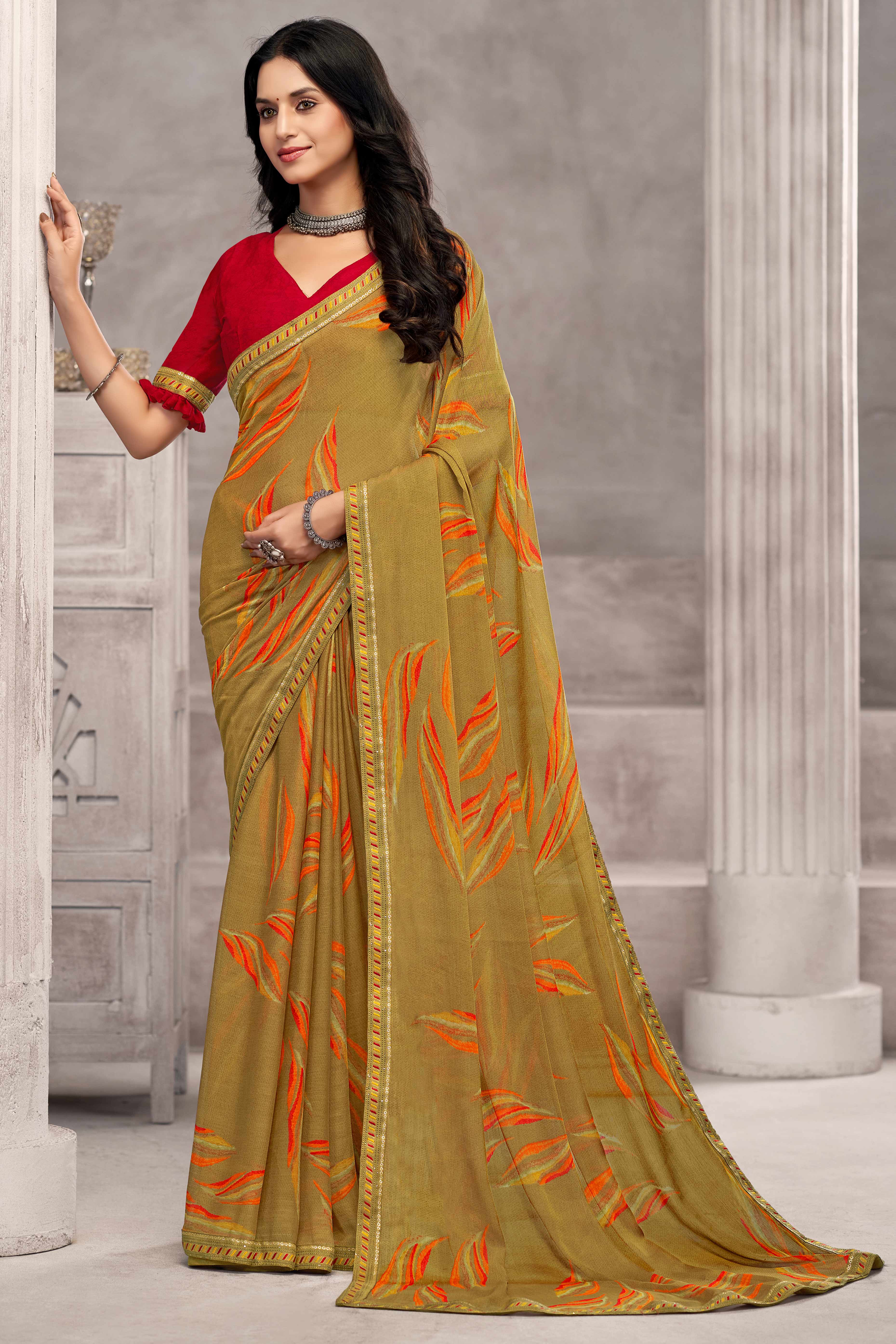 Refreshing Olive Chiffon Saree Featuring Digital Print & Graceful Lace Border