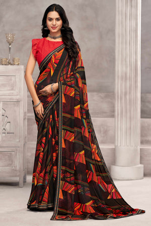 Elegant Black Chiffon Saree Featuring Digital Print & Graceful Lace Border