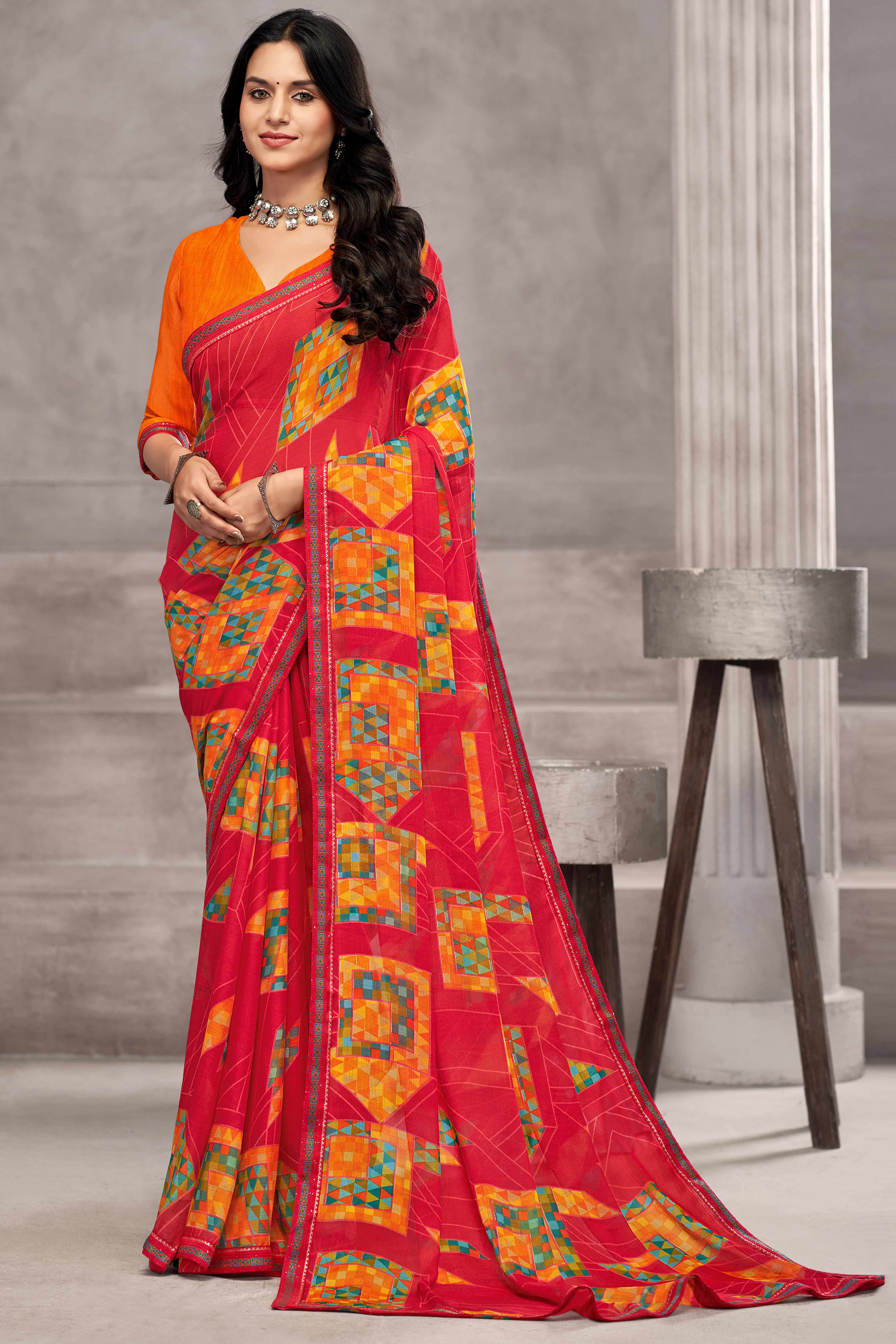 Majestic Pink Chiffon Saree Featuring Digital Print & Graceful Lace Border