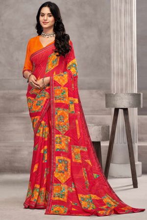 Majestic Pink Chiffon Saree Featuring Digital Print & Graceful Lace Border