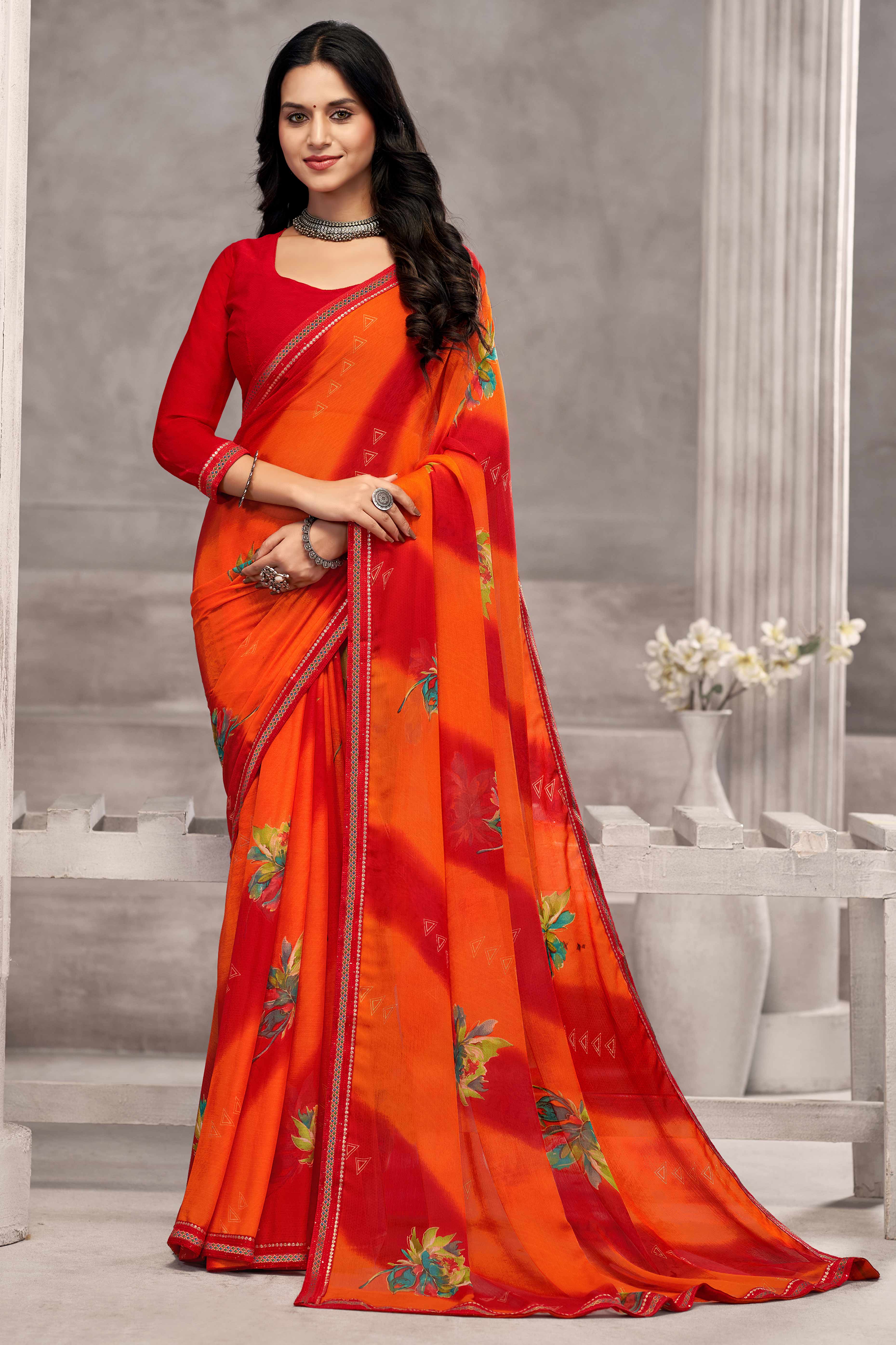 Refreshing Orange & Red Chiffon Saree Featuring Digital Print & Graceful Lace Border