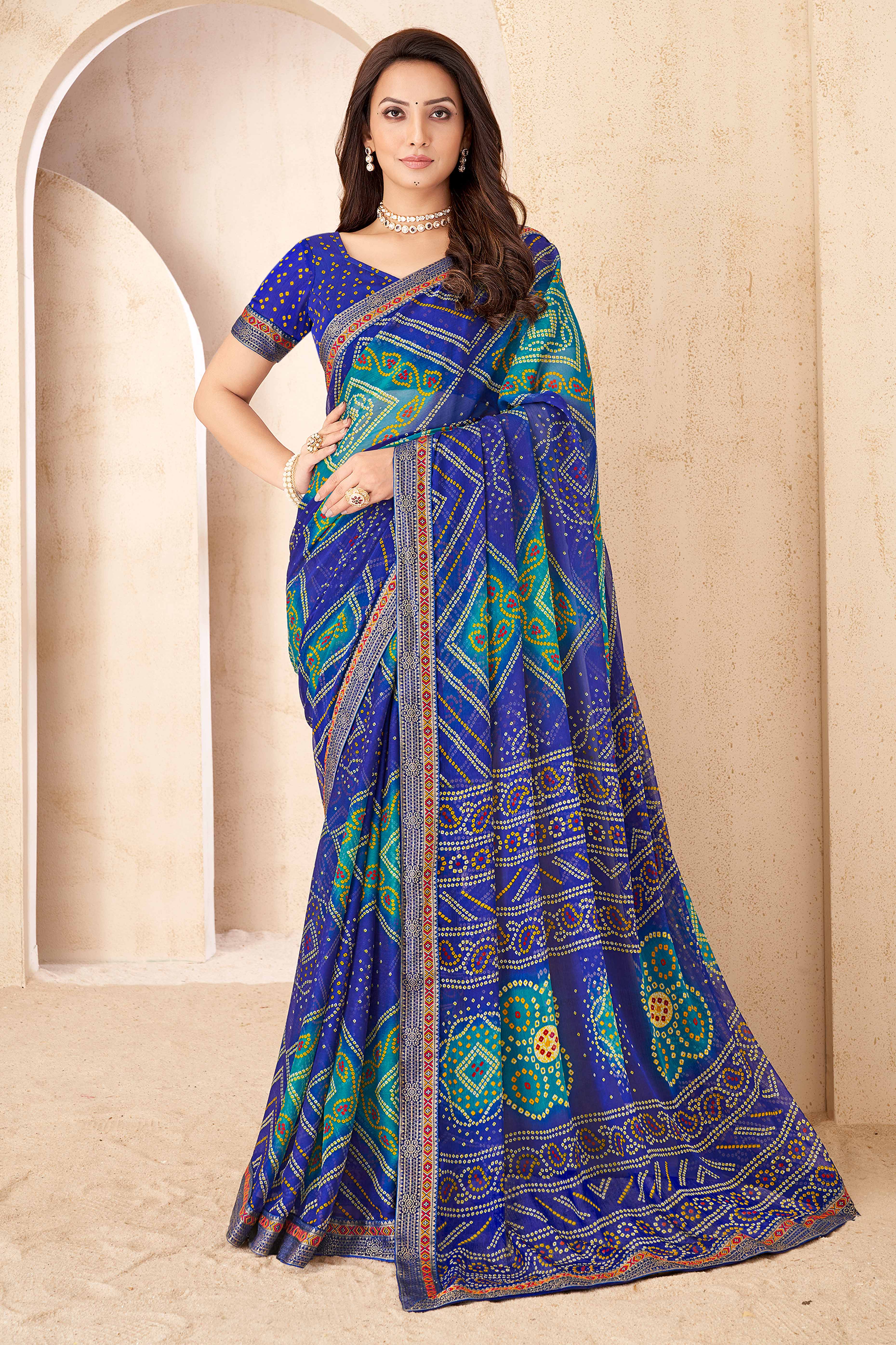 Blue Bandhani Printed Chiffon Saree Enhanced with Delicate Lace Border Work