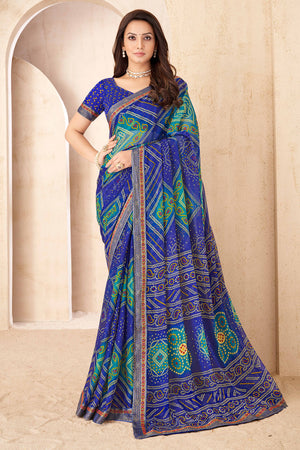 Blue Bandhani Printed Chiffon Saree Enhanced with Delicate Lace Border Work
