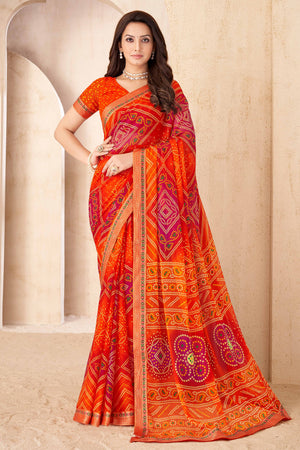 Orange Bandhani Printed Chiffon Saree Enhanced with Delicate Lace Border Work