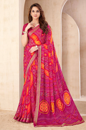 Magenta Bandhani Printed Chiffon Saree Enhanced with Delicate Lace Border Work