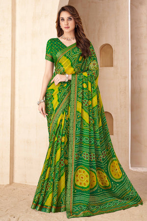 Green Bandhani Printed Chiffon Saree Enhanced with Delicate Lace Border Work