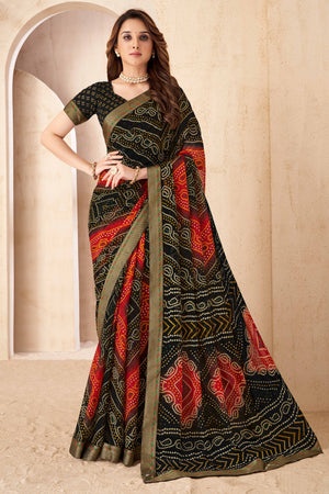 Black & Red Bandhani Printed Chiffon Saree Enhanced with Delicate Lace Border Work