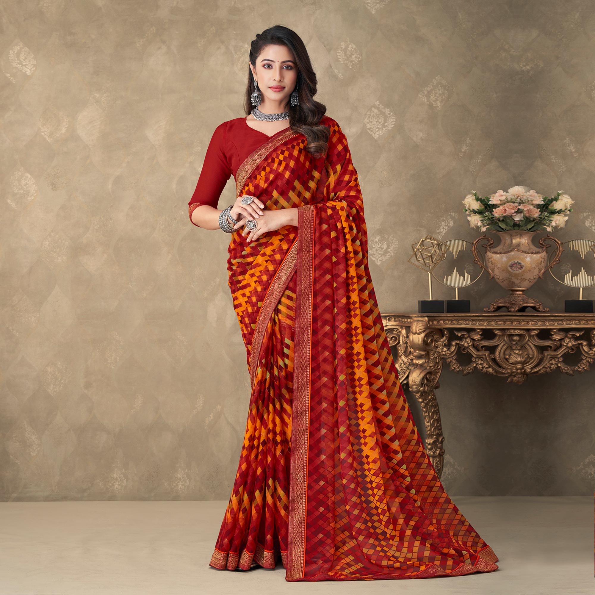 Maroon Digital Printed Chiffon Saree With Lace Border