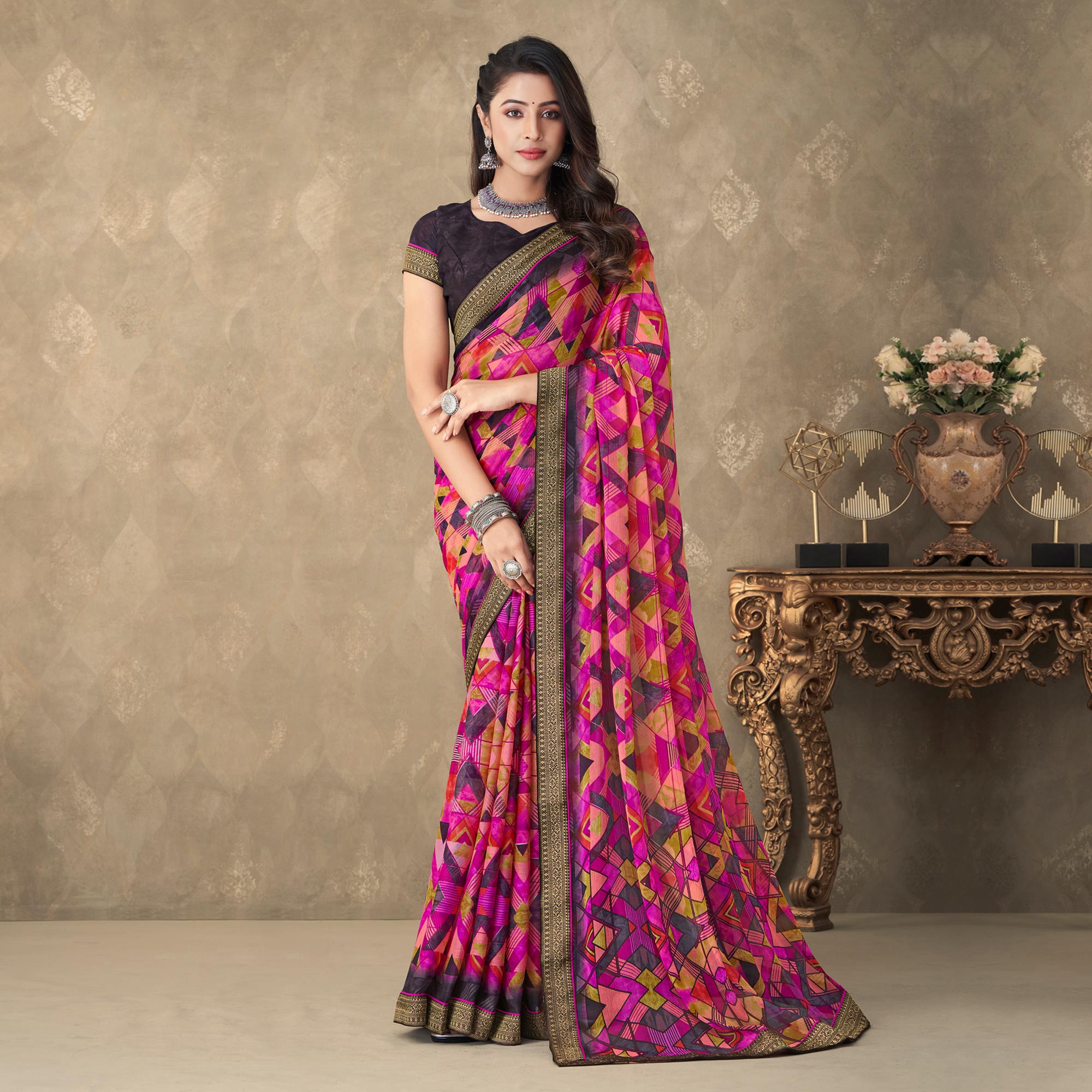 Magenta Digital Printed Chiffon Saree With Lace Border