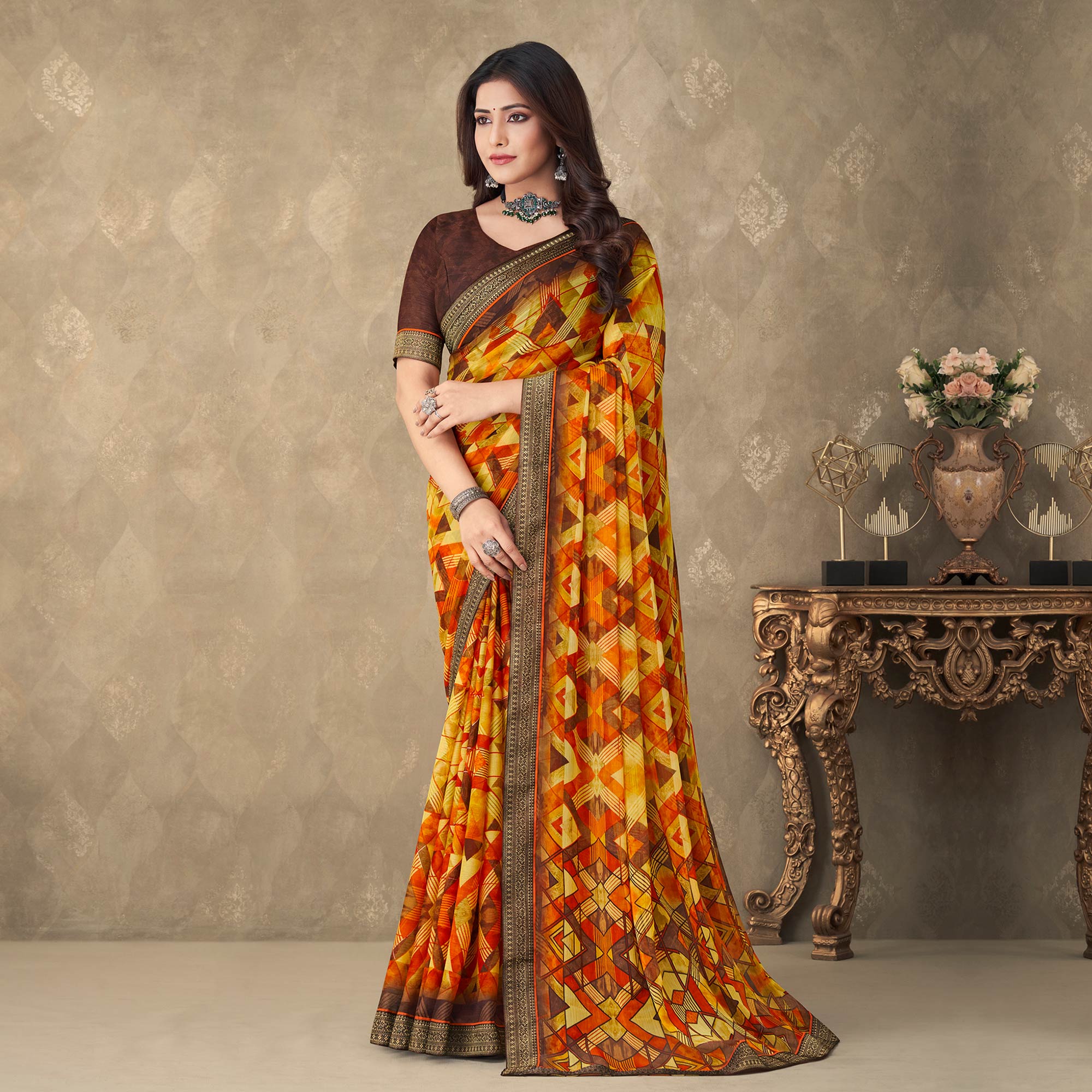 Yellow Digital Printed Chiffon Saree With Lace Border