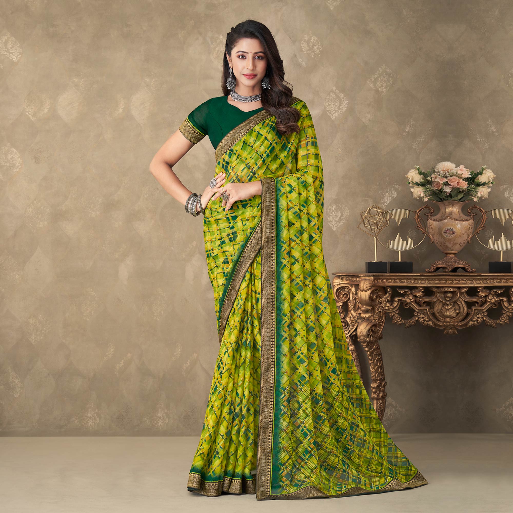 Lemon Green Digital Printed Chiffon Saree With Lace Border