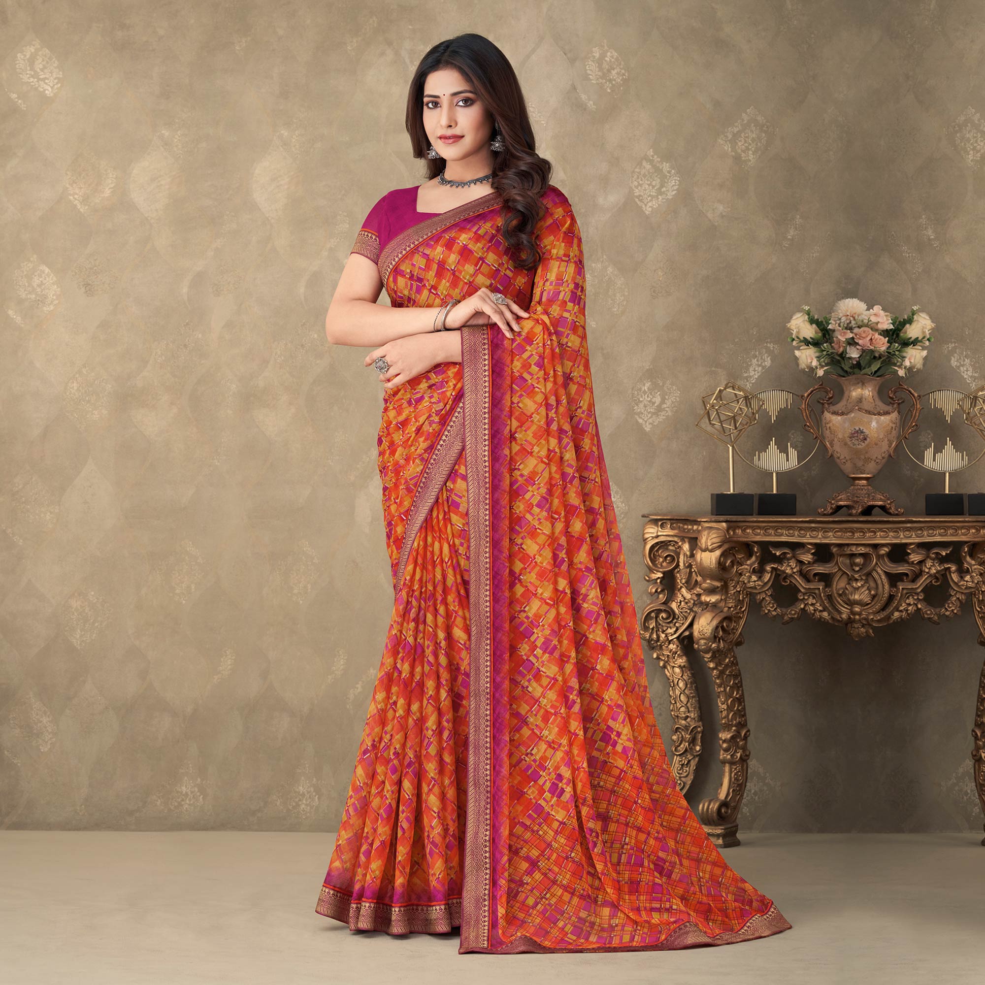 Orange Digital Printed Chiffon Saree With Lace Border