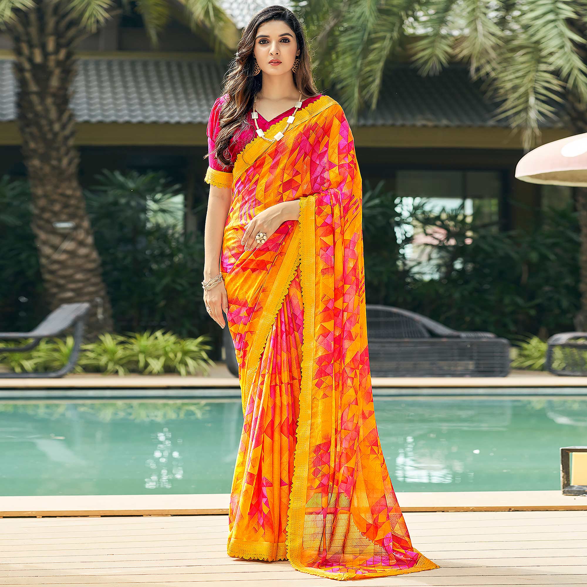 Yellow & Pink Geometric Printed Chiffon Saree