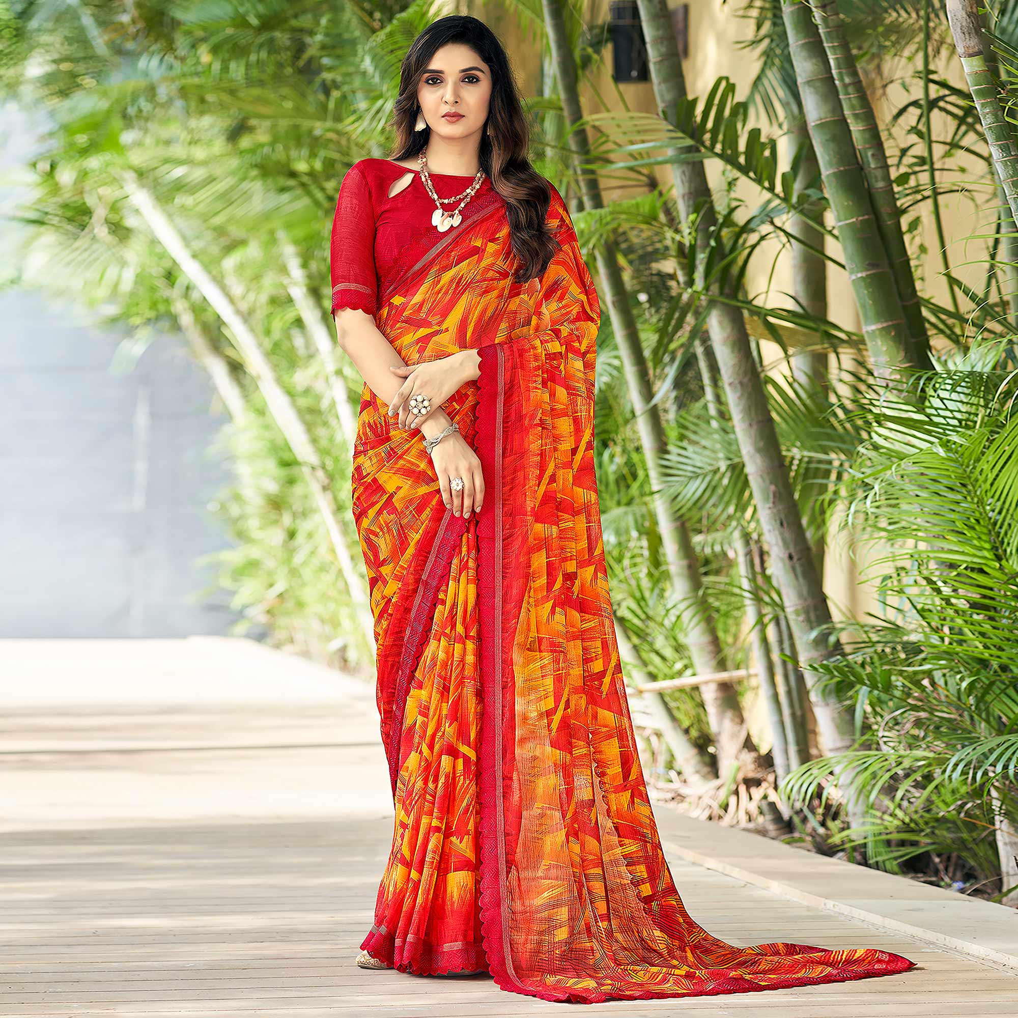 Red & Orange Geometric Printed Chiffon Saree