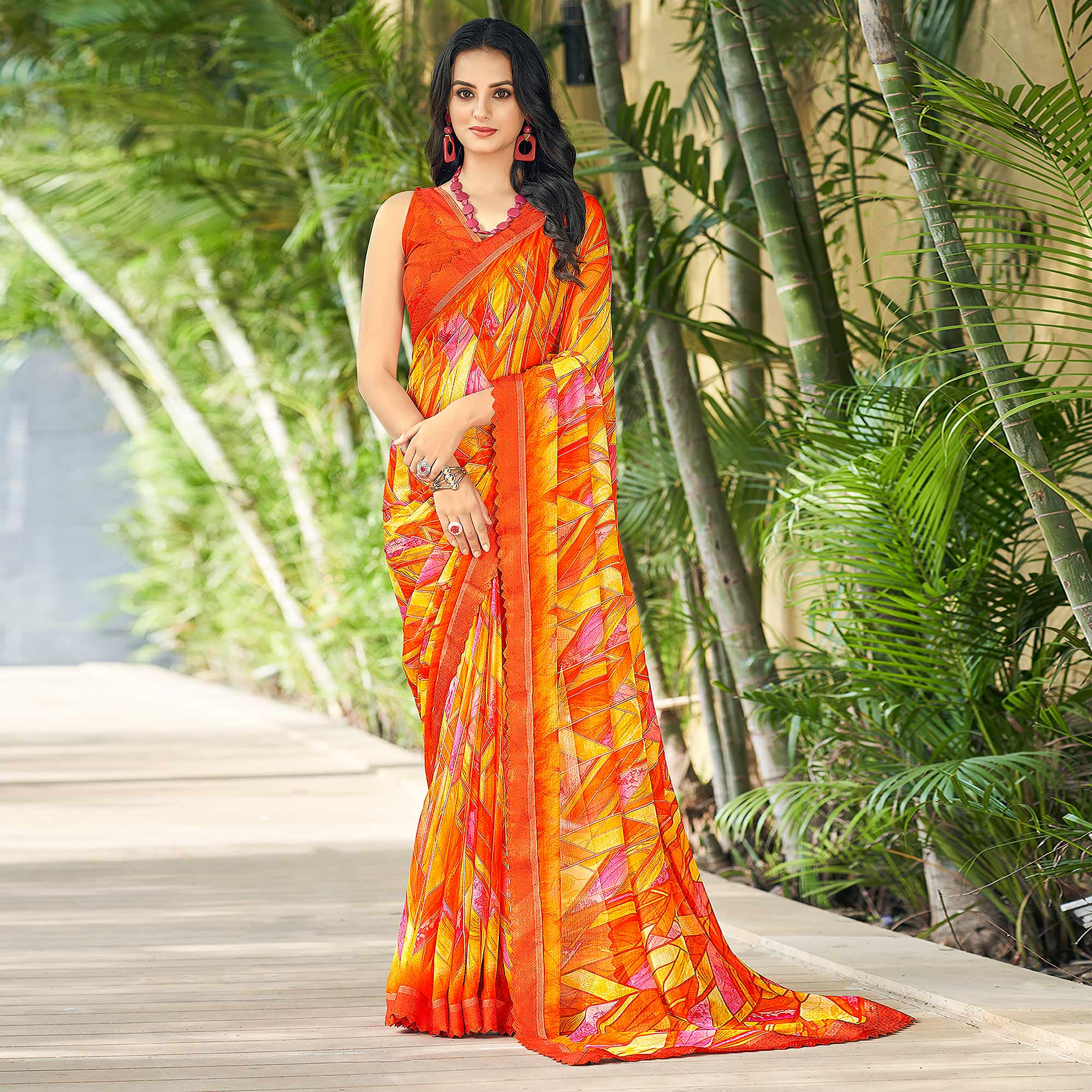 Orange & Yellow Geometric Printed Chiffon Saree