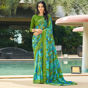 Blue & Green Geometric Printed Chiffon Saree
