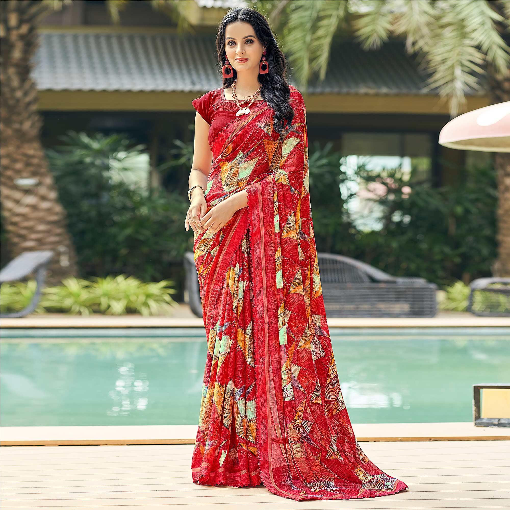 Red Geometric Printed Chiffon Saree