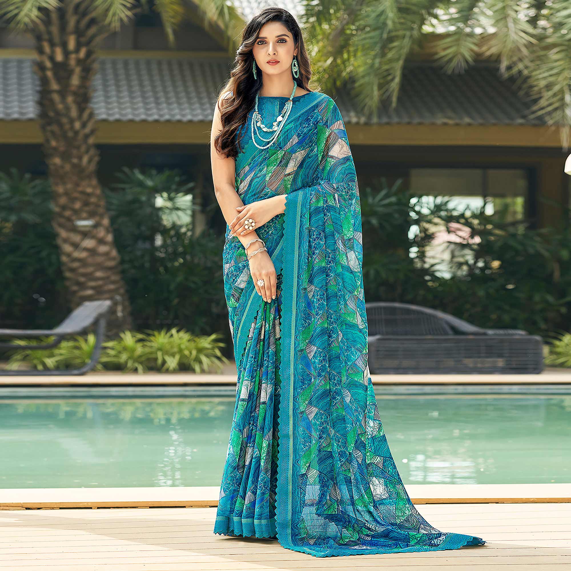 Blue Geometric Printed Chiffon Saree