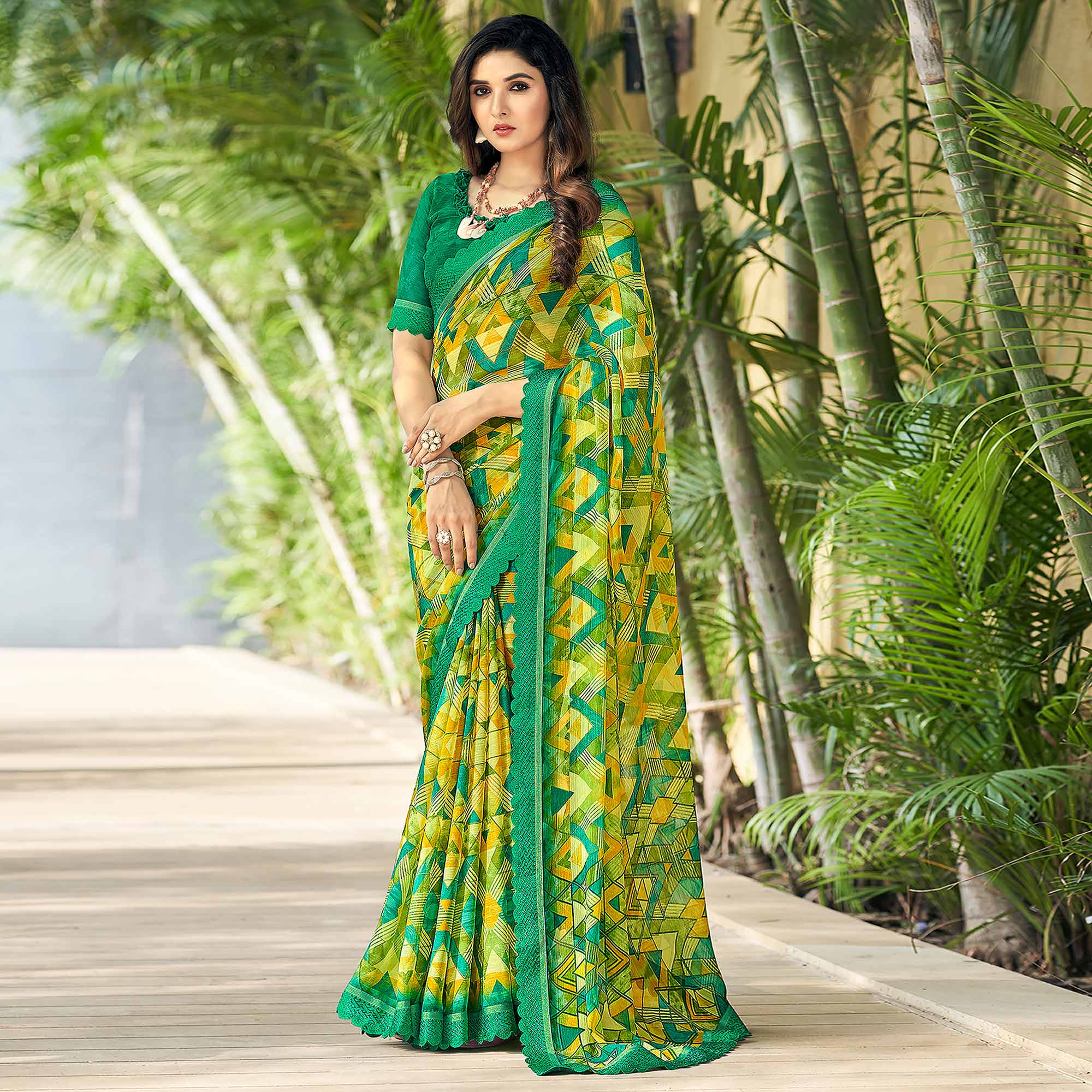 Yellow & Green Geometric Printed Chiffon Saree