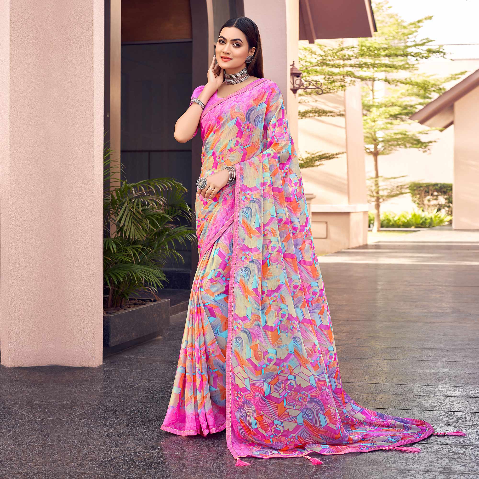 Pink Printed Chiffon Saree With Tassels