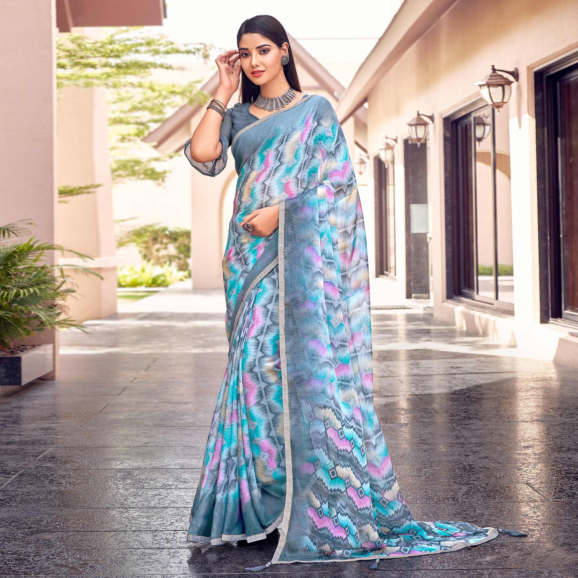 Grey Printed Chiffon Saree With Tassels