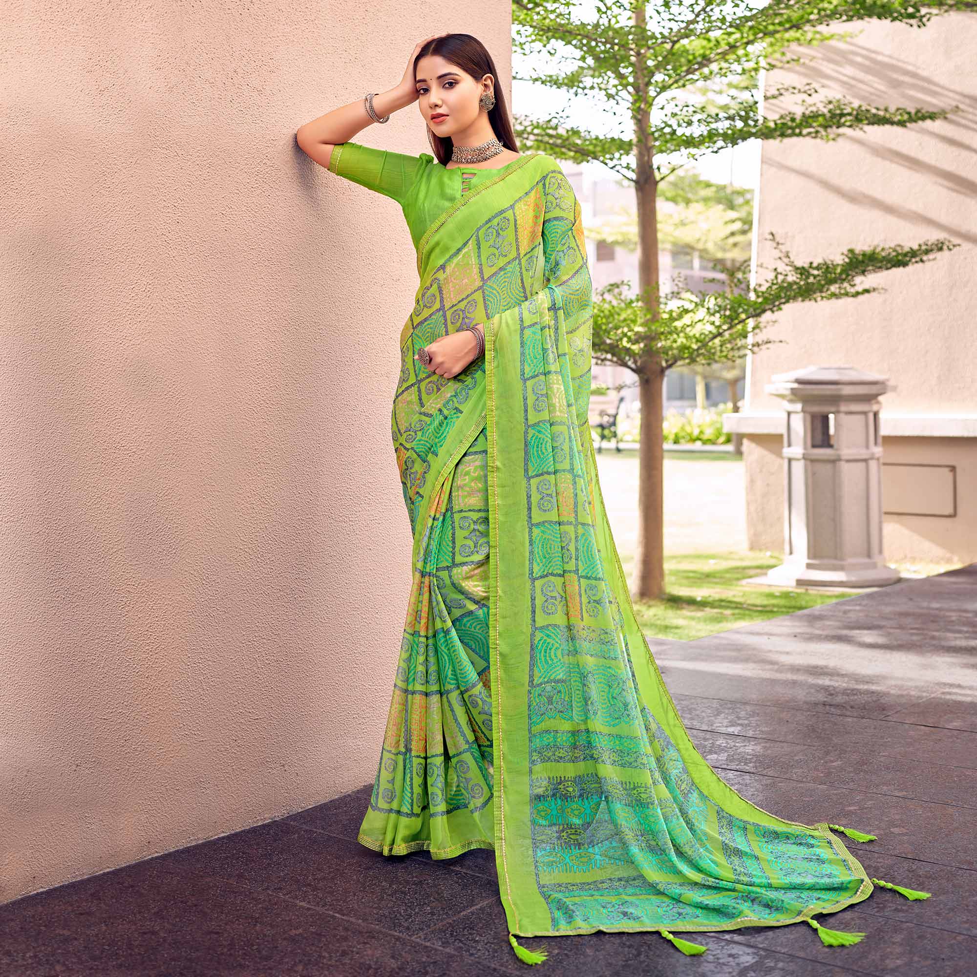 Green Printed Chiffon Saree With Tassels